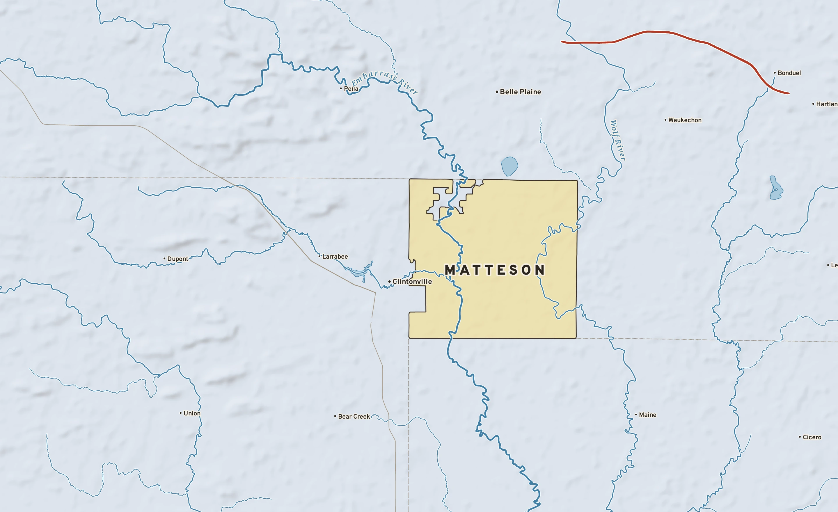 Shaded-relief atlas plate of Matteson, Wisconsin: rivers, roads, the city limits and where the water drains.