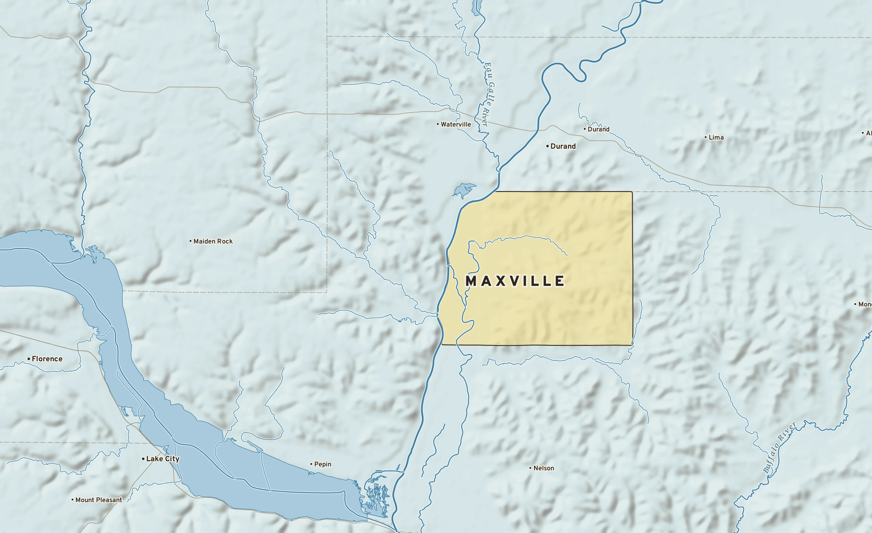 Shaded-relief atlas plate of Maxville, Wisconsin: rivers, roads, the city limits and where the water drains.