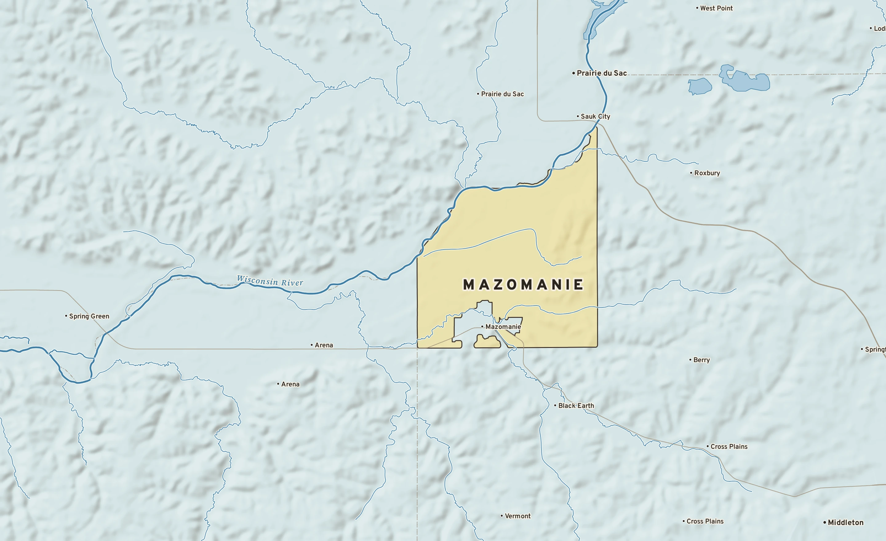 Shaded-relief atlas plate of Mazomanie, Wisconsin: rivers, roads, the city limits and where the water drains.