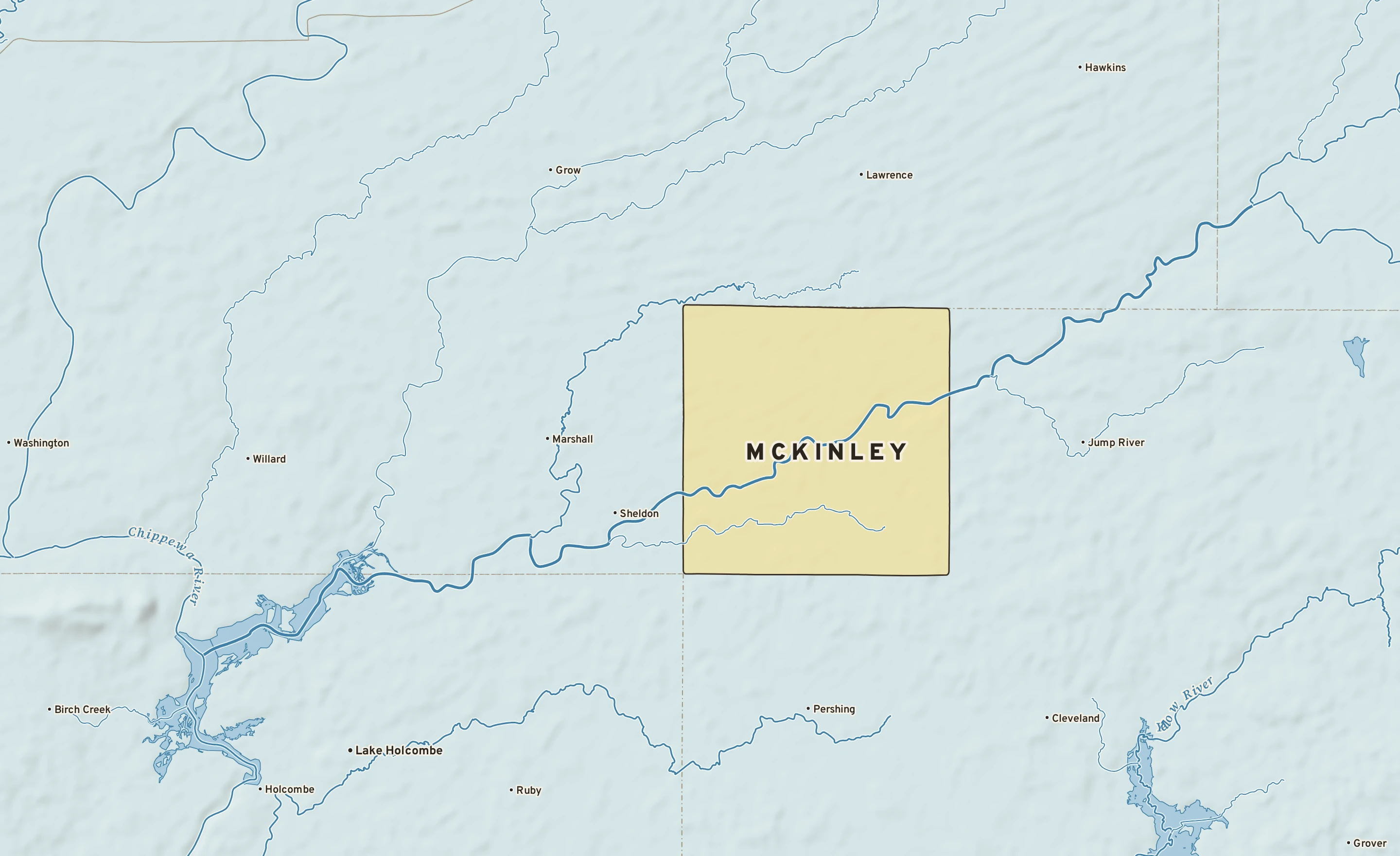 Shaded-relief atlas plate of McKinley, Wisconsin: rivers, roads, the city limits and where the water drains.
