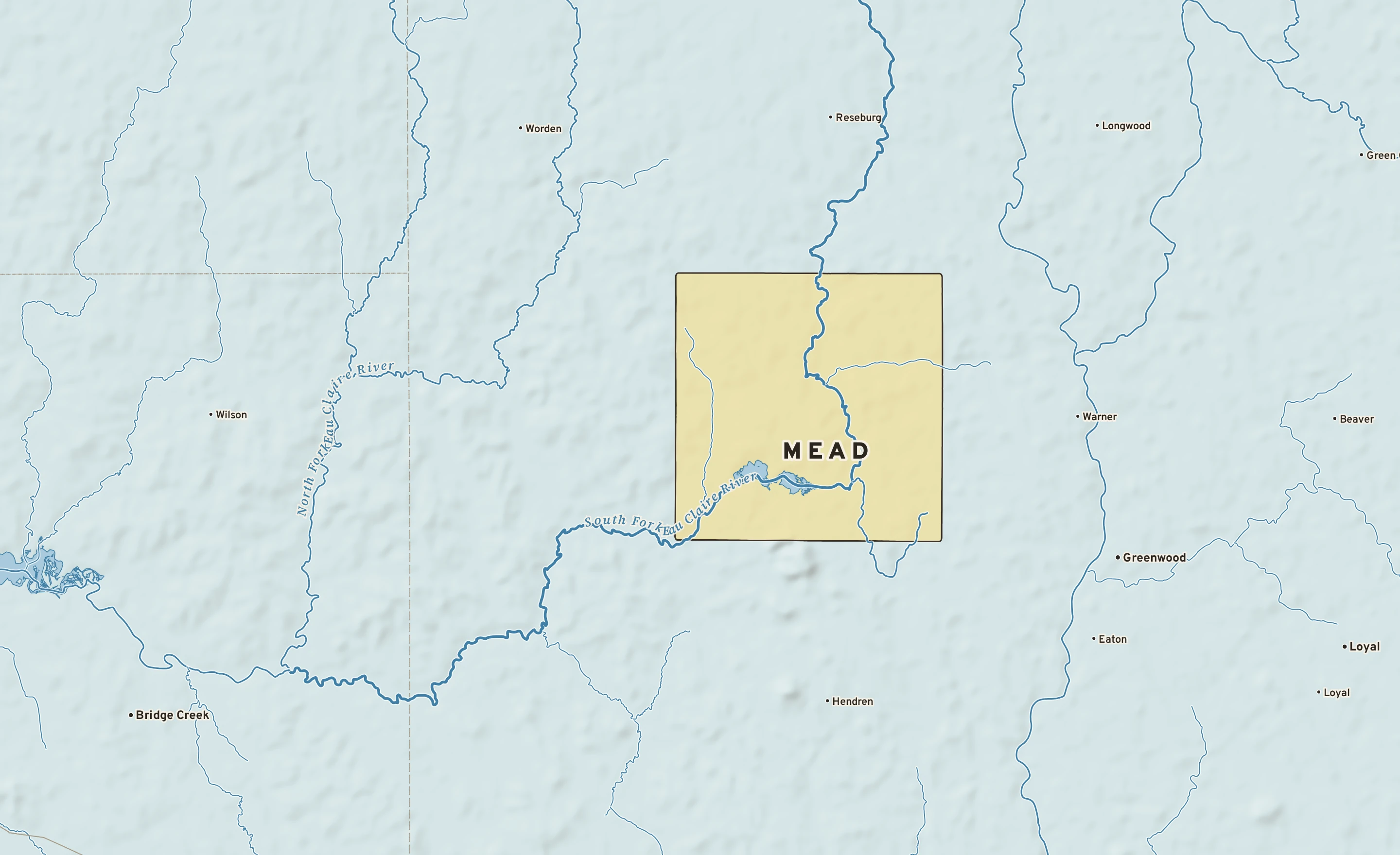 Shaded-relief atlas plate of Mead, Wisconsin: rivers, roads, the city limits and where the water drains.