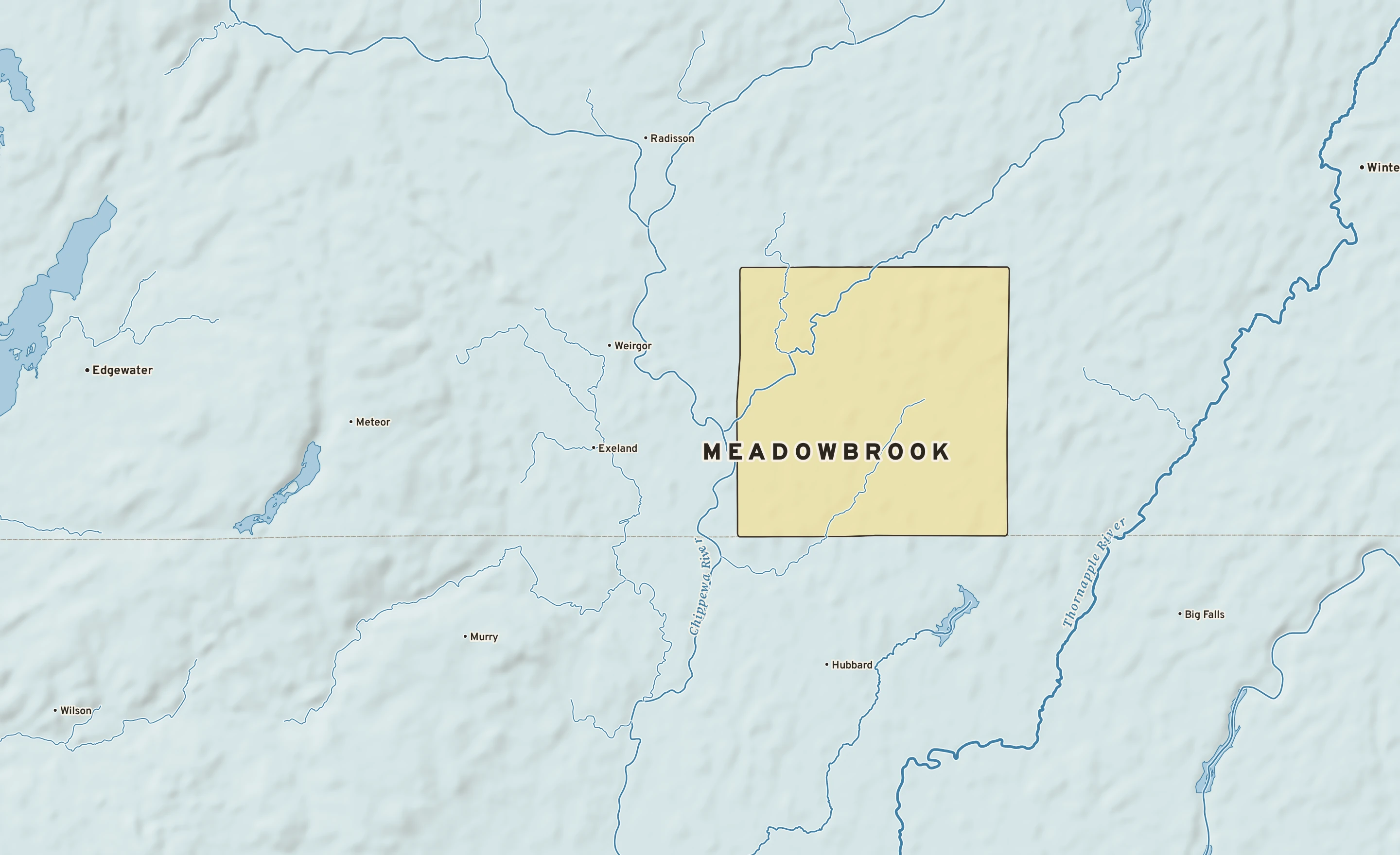Shaded-relief atlas plate of Meadowbrook, Wisconsin: rivers, roads, the city limits and where the water drains.