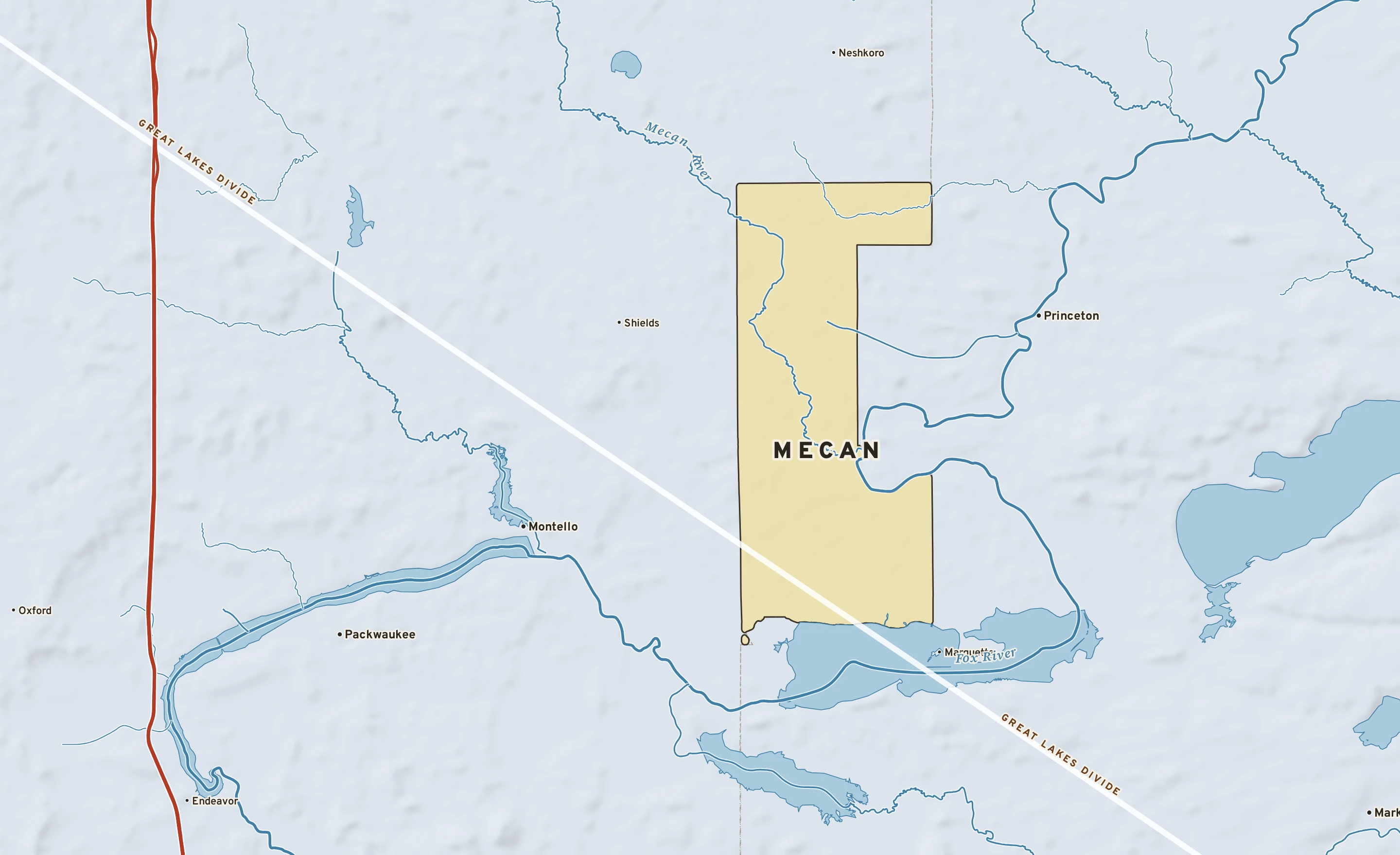 Shaded-relief atlas plate of Mecan, Wisconsin: rivers, roads, the city limits and where the water drains.
