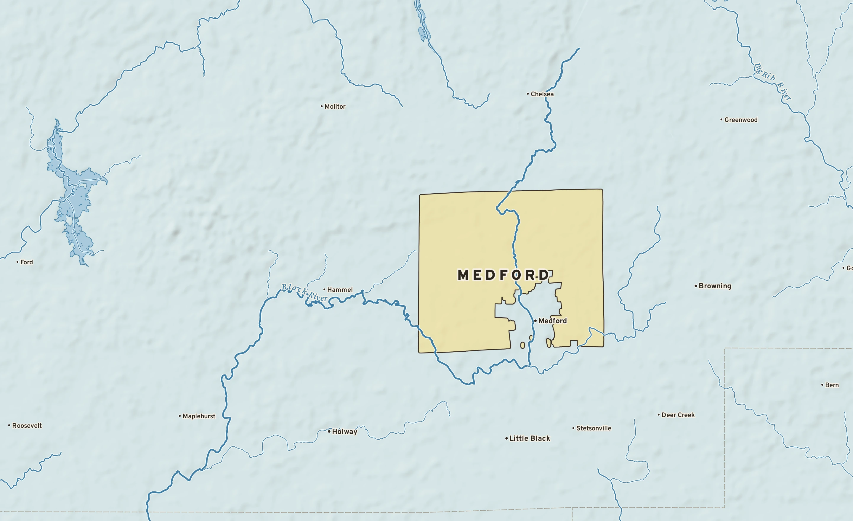 Shaded-relief atlas plate of Medford, Wisconsin: rivers, roads, the city limits and where the water drains.