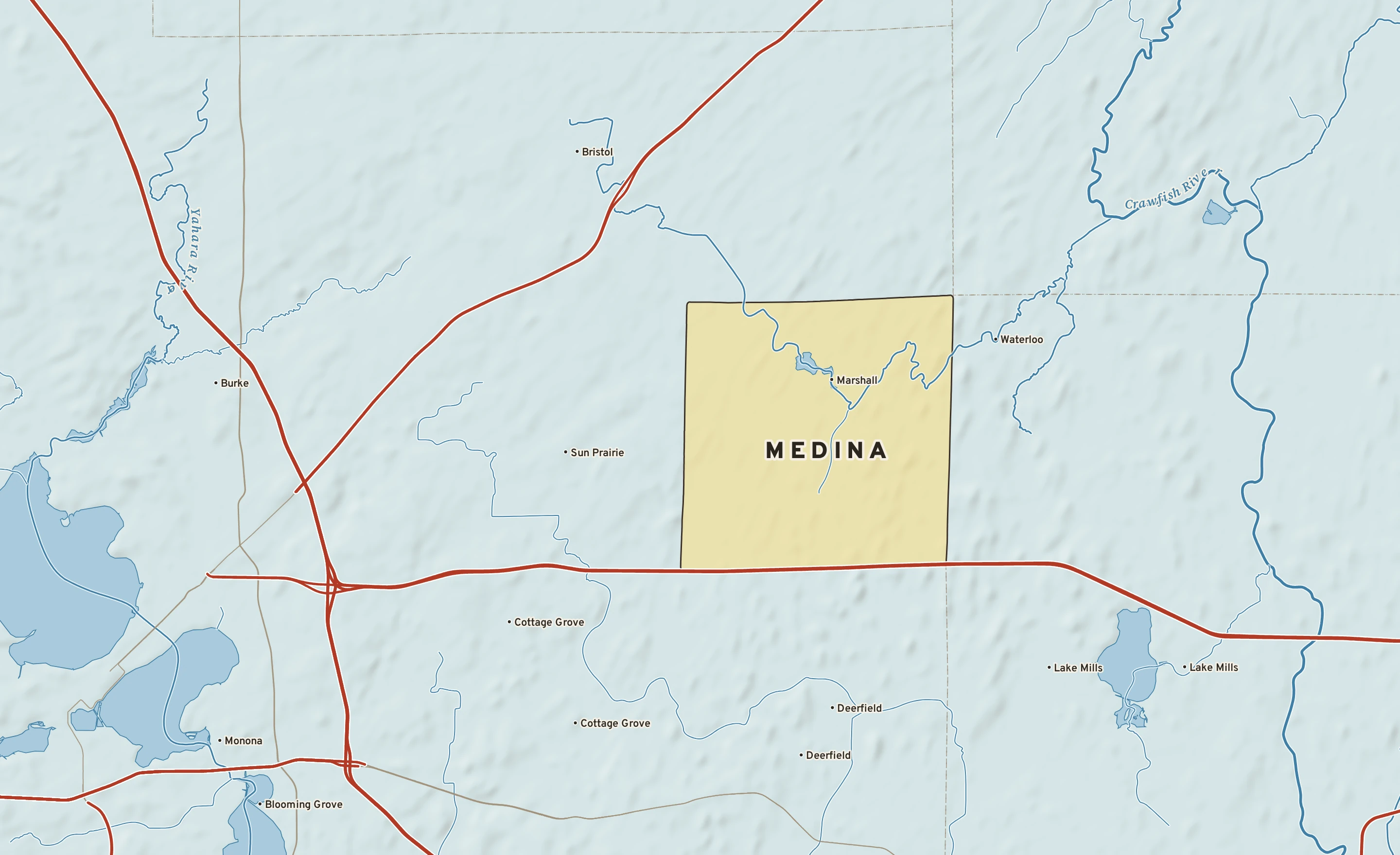 Shaded-relief atlas plate of Medina, Wisconsin: rivers, roads, the city limits and where the water drains.