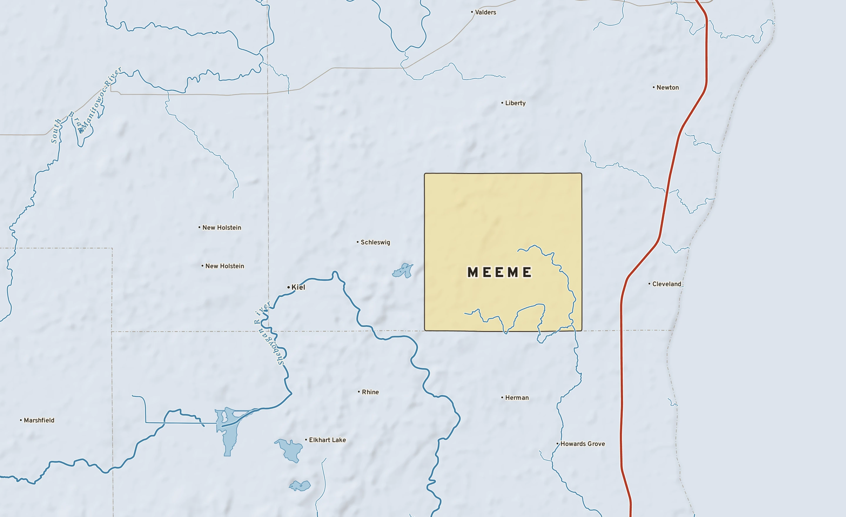 Shaded-relief atlas plate of Meeme, Wisconsin: rivers, roads, the city limits and where the water drains.