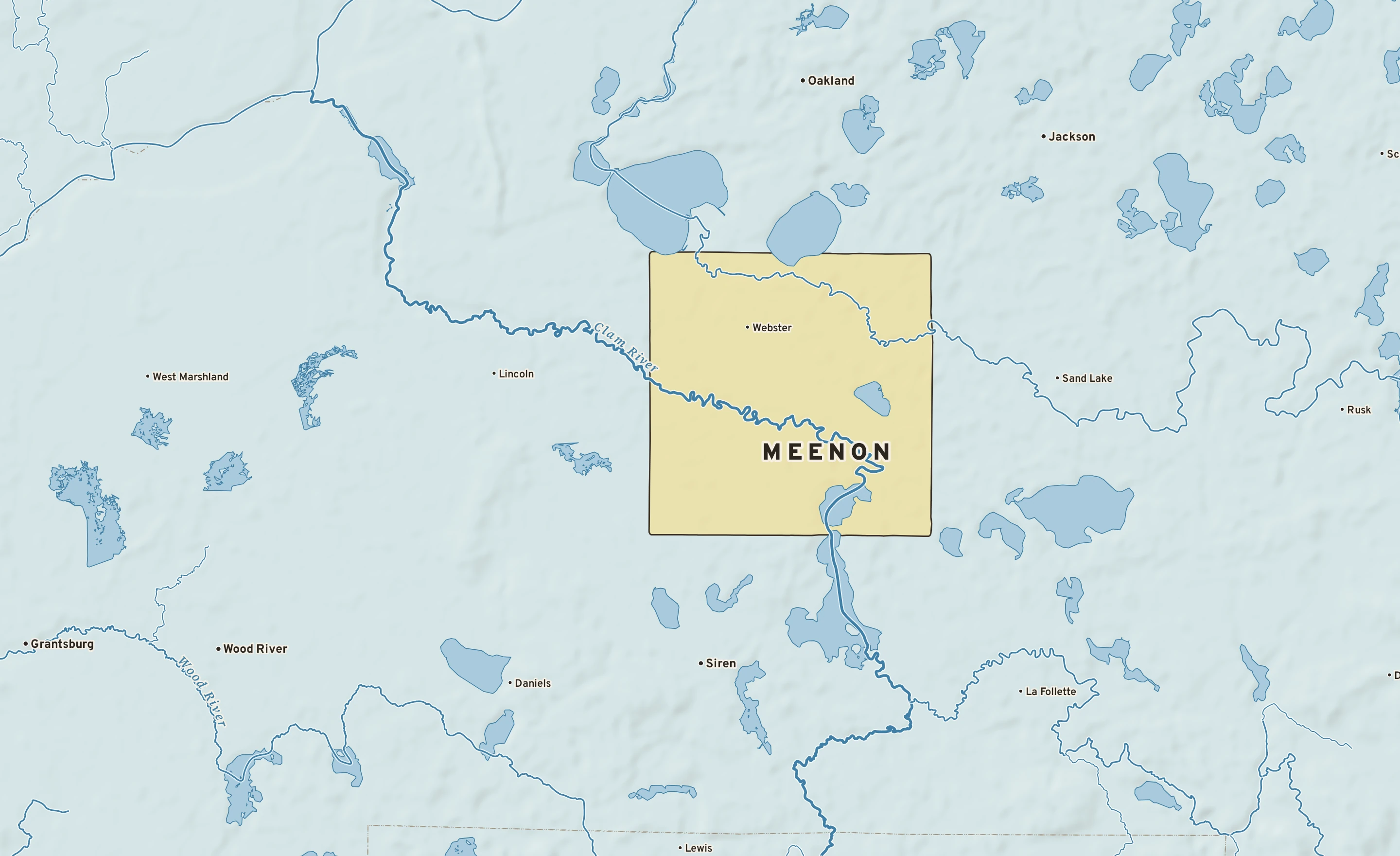 Shaded-relief atlas plate of Meenon, Wisconsin: rivers, roads, the city limits and where the water drains.