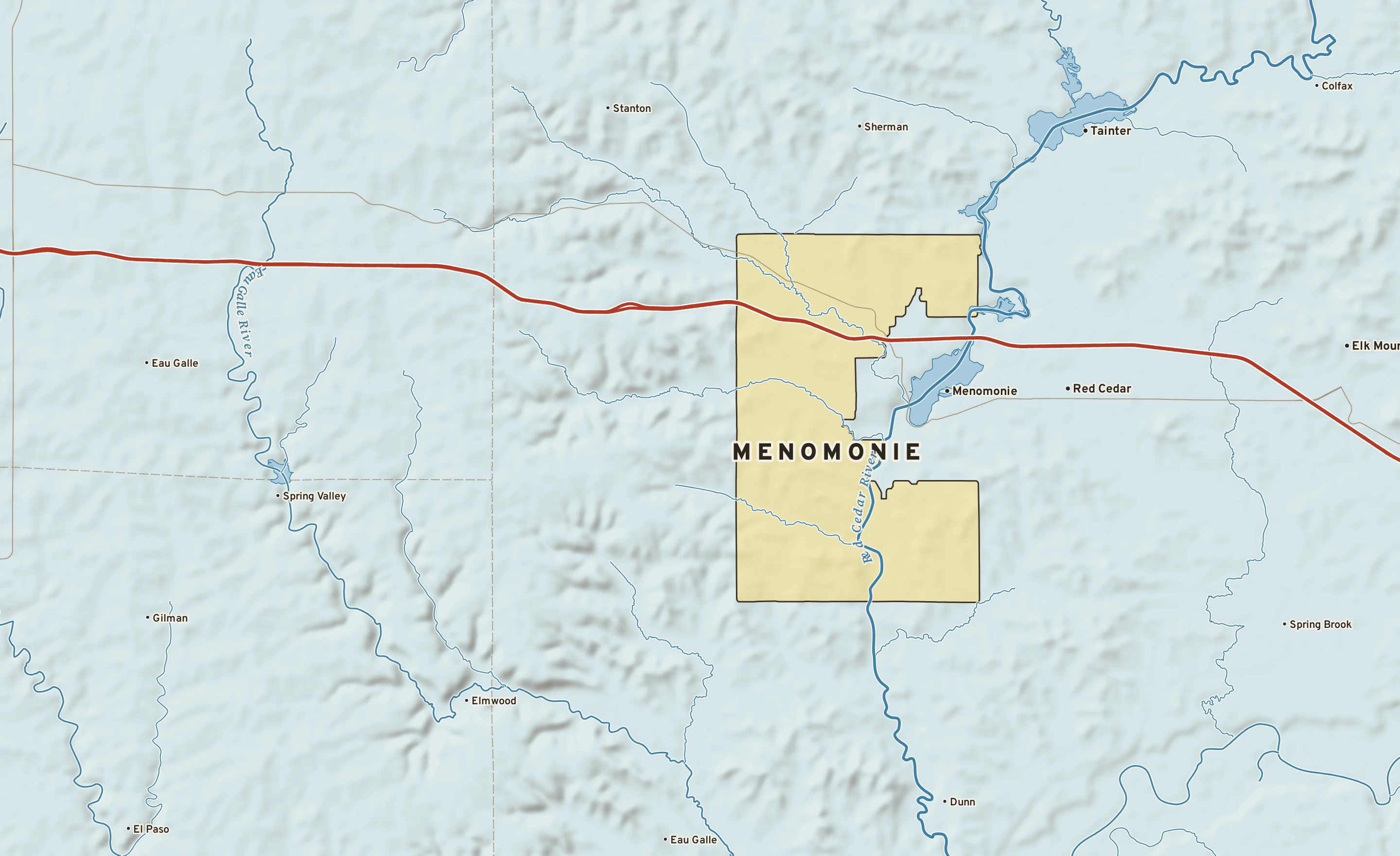 Shaded-relief atlas plate of Menomonie, Wisconsin: rivers, roads, the city limits and where the water drains.