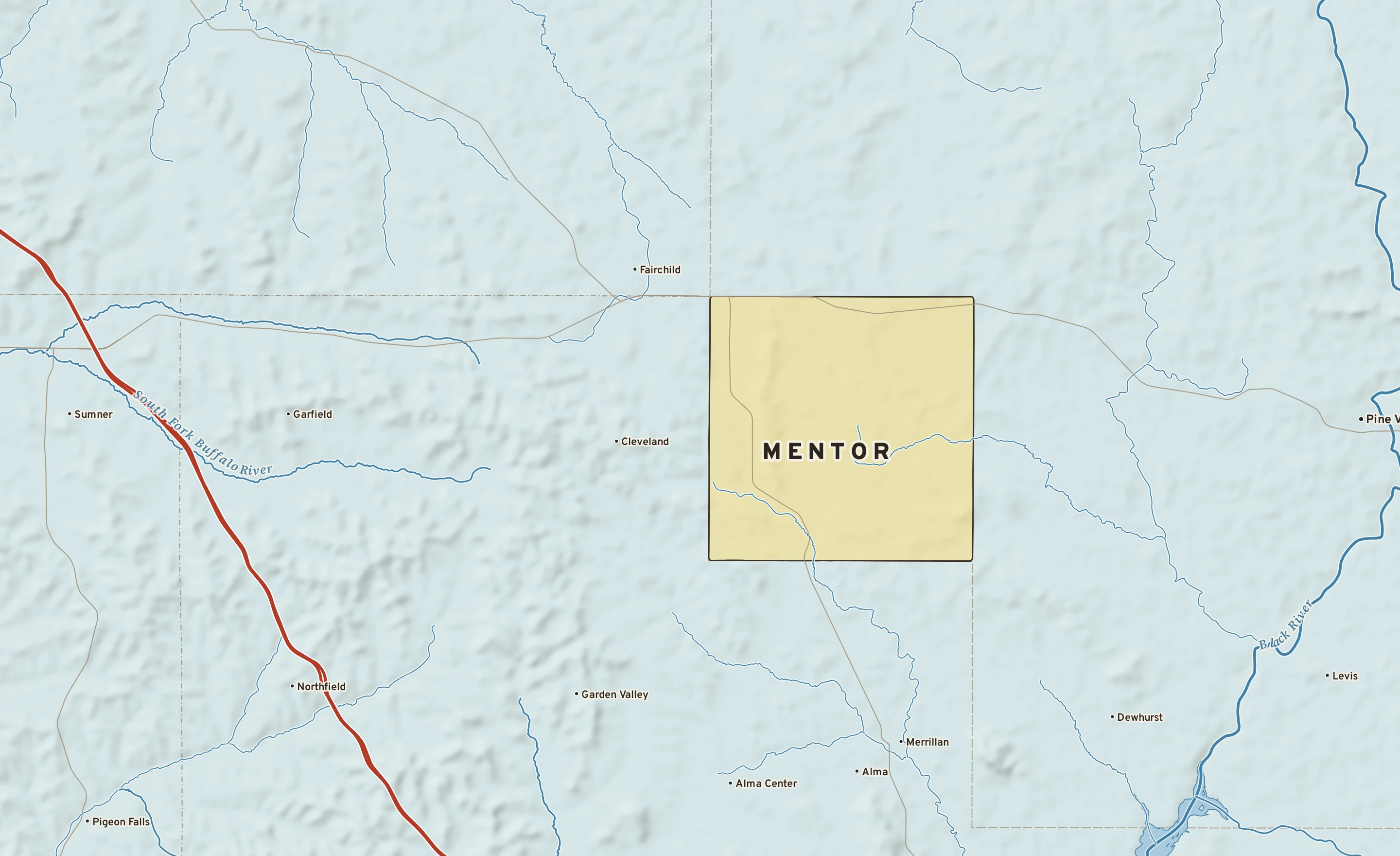 Shaded-relief atlas plate of Mentor, Wisconsin: rivers, roads, the city limits and where the water drains.