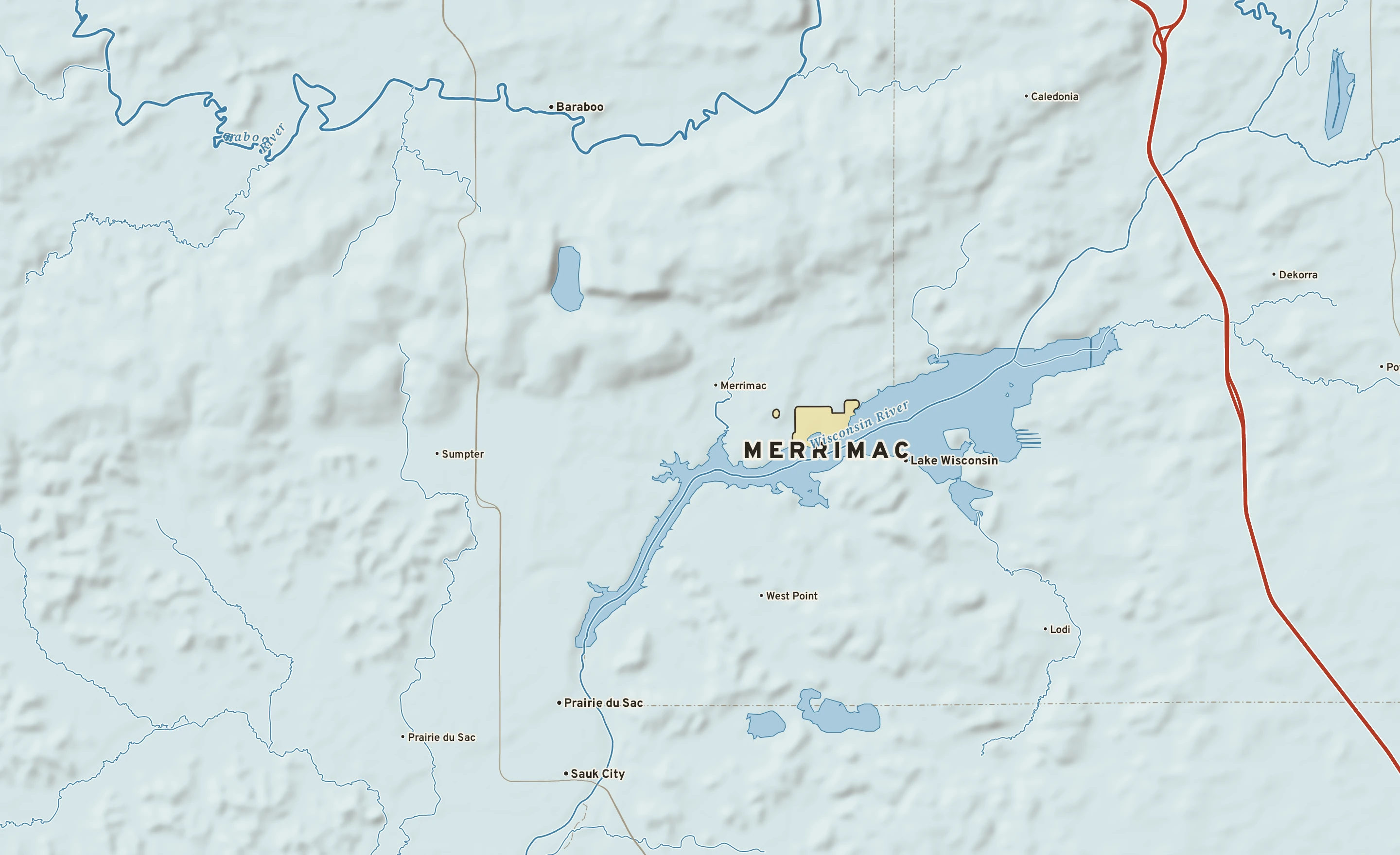 Shaded-relief atlas plate of Merrimac, Wisconsin: rivers, roads, the city limits and where the water drains.