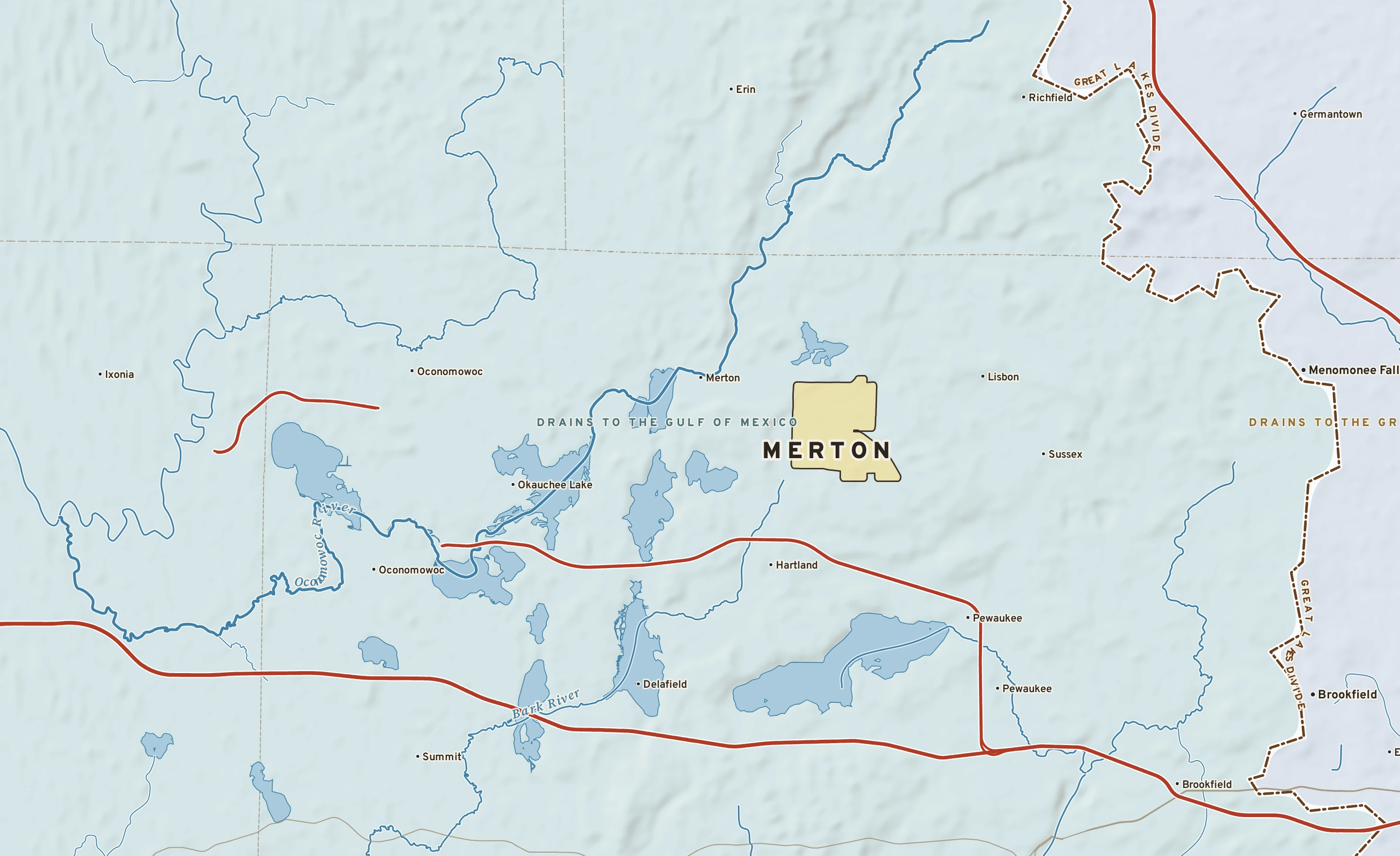 Shaded-relief atlas plate of Merton, Wisconsin: rivers, roads, the city limits and where the water drains.