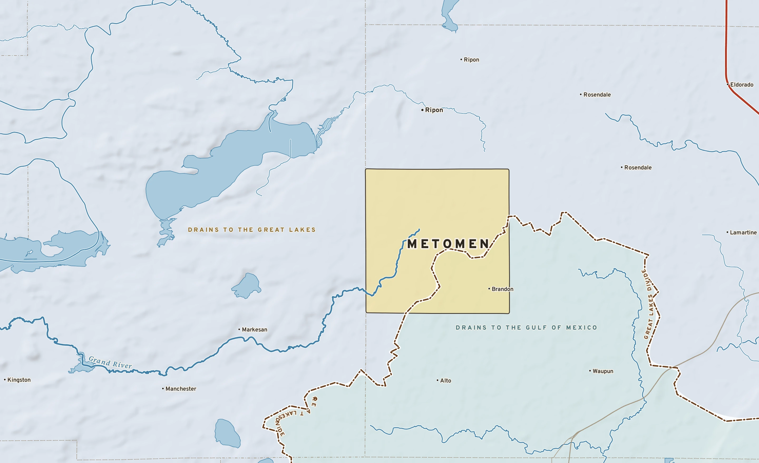 Shaded-relief atlas plate of Metomen, Wisconsin: rivers, roads, the city limits and where the water drains.