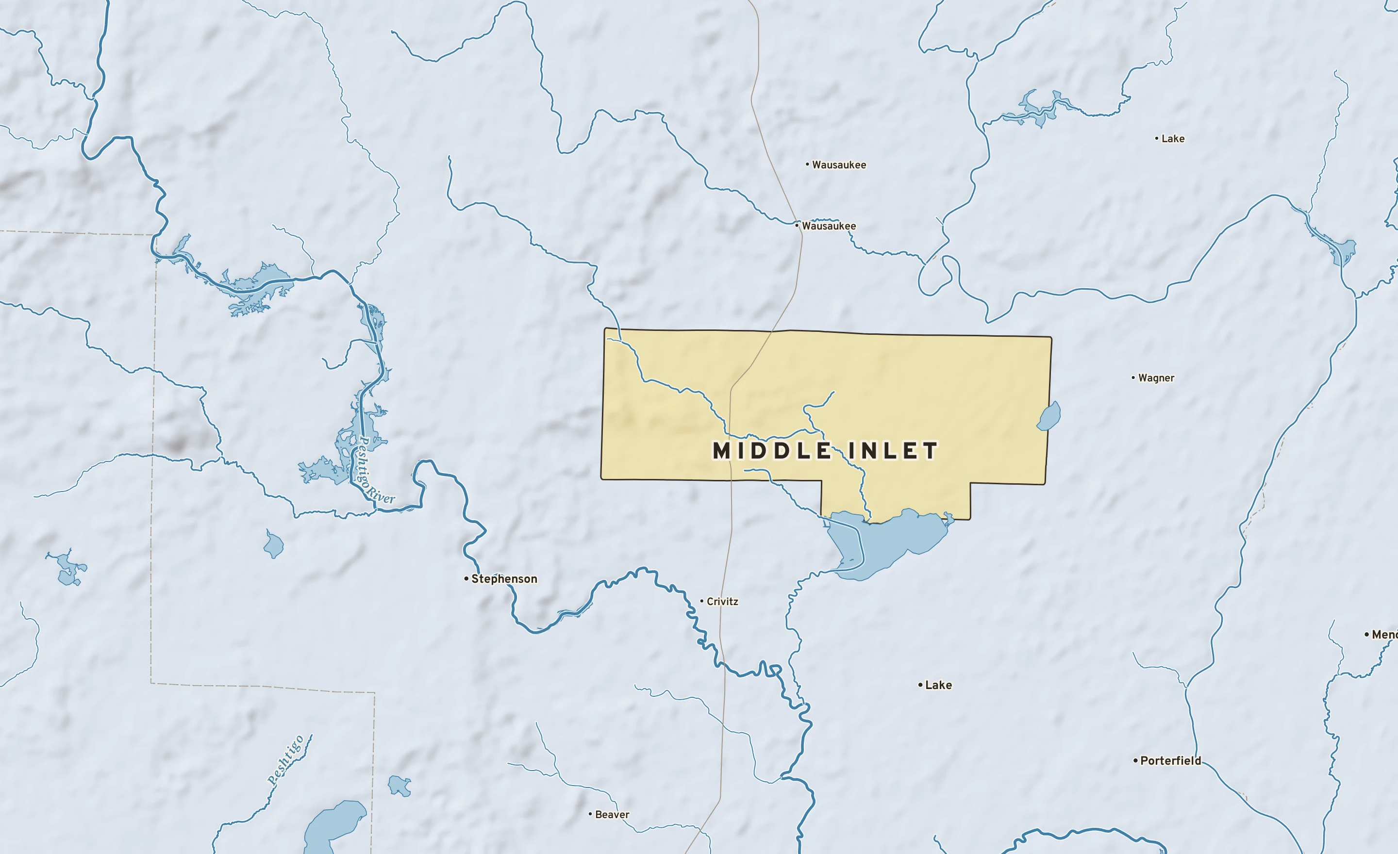 Shaded-relief atlas plate of Middle Inlet, Wisconsin: rivers, roads, the city limits and where the water drains.