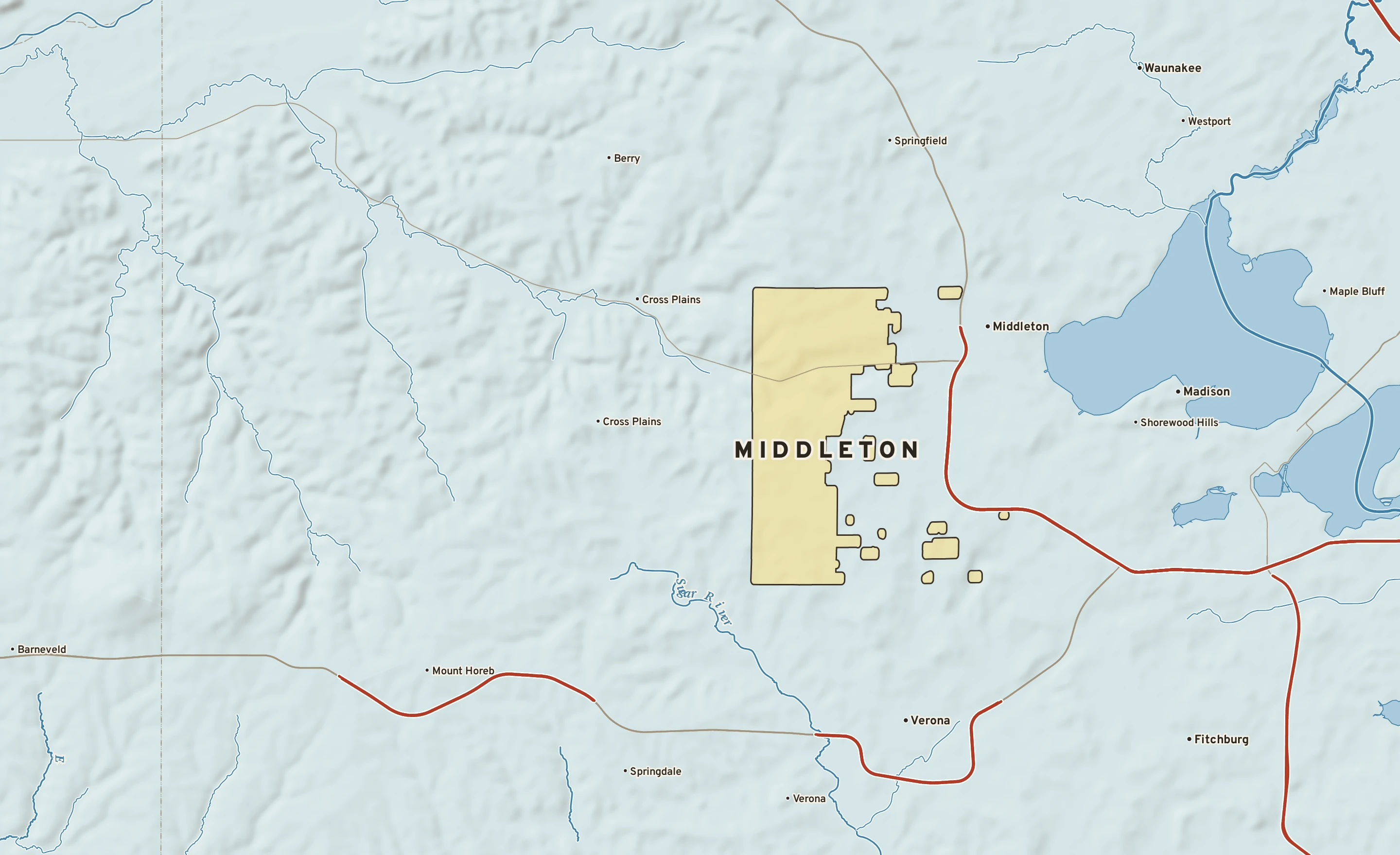 Shaded-relief atlas plate of Middleton, Wisconsin: rivers, roads, the city limits and where the water drains.