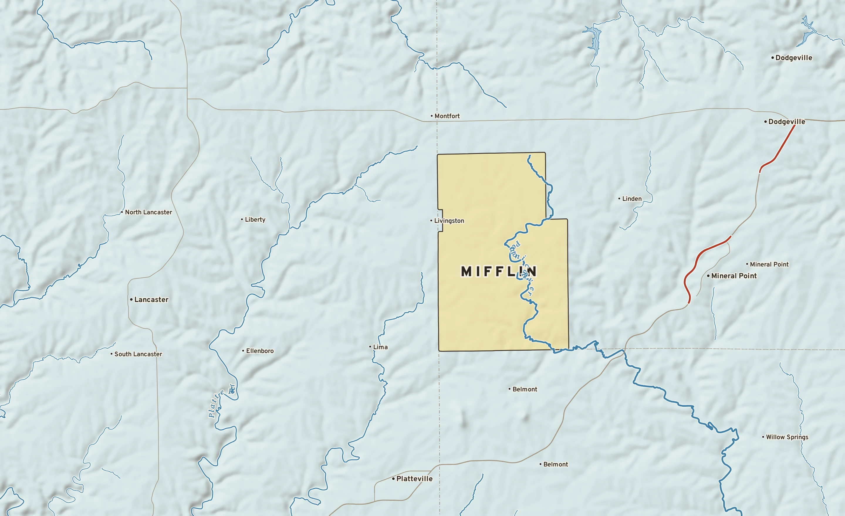 Shaded-relief atlas plate of Mifflin, Wisconsin: rivers, roads, the city limits and where the water drains.