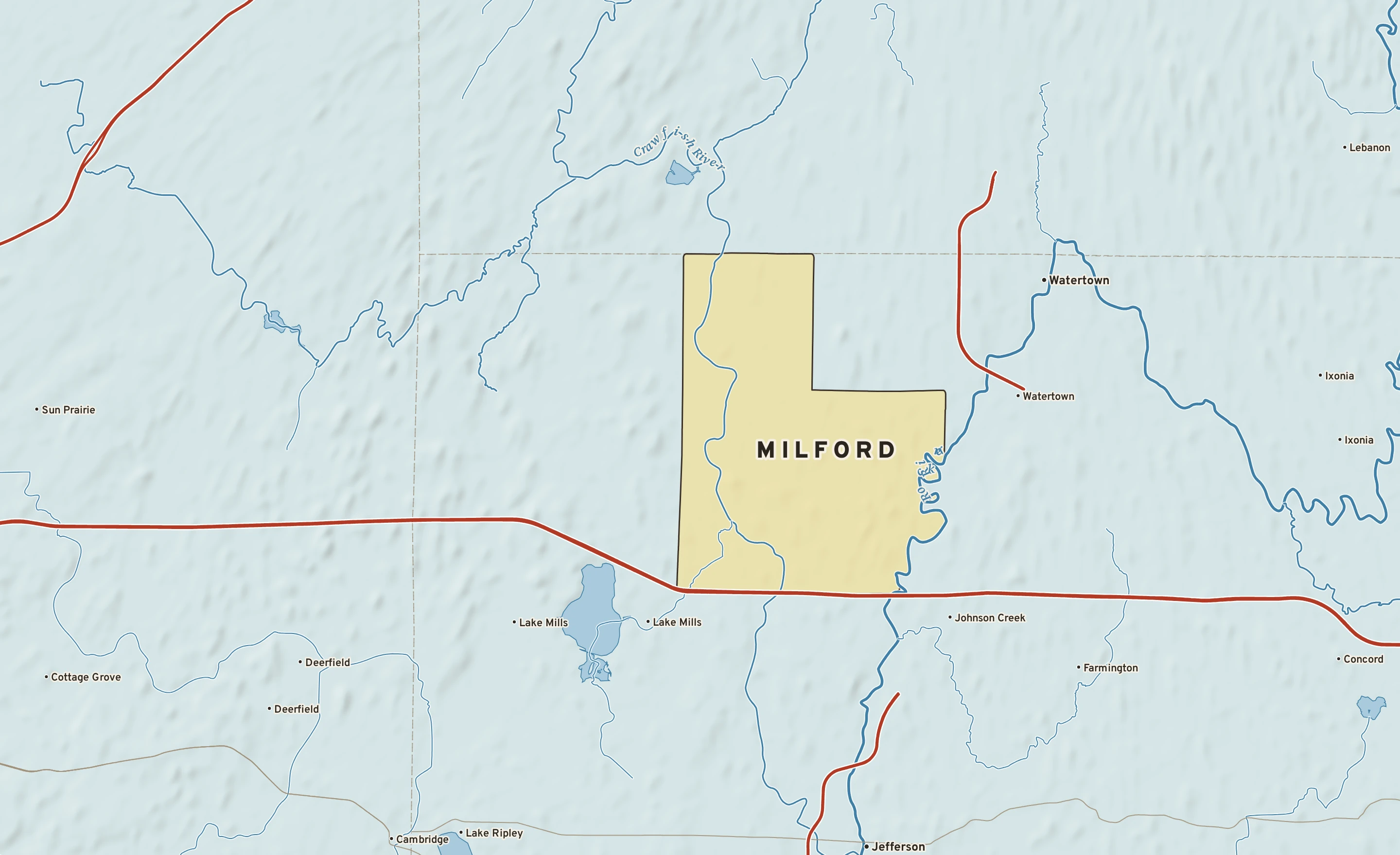 Shaded-relief atlas plate of Milford, Wisconsin: rivers, roads, the city limits and where the water drains.