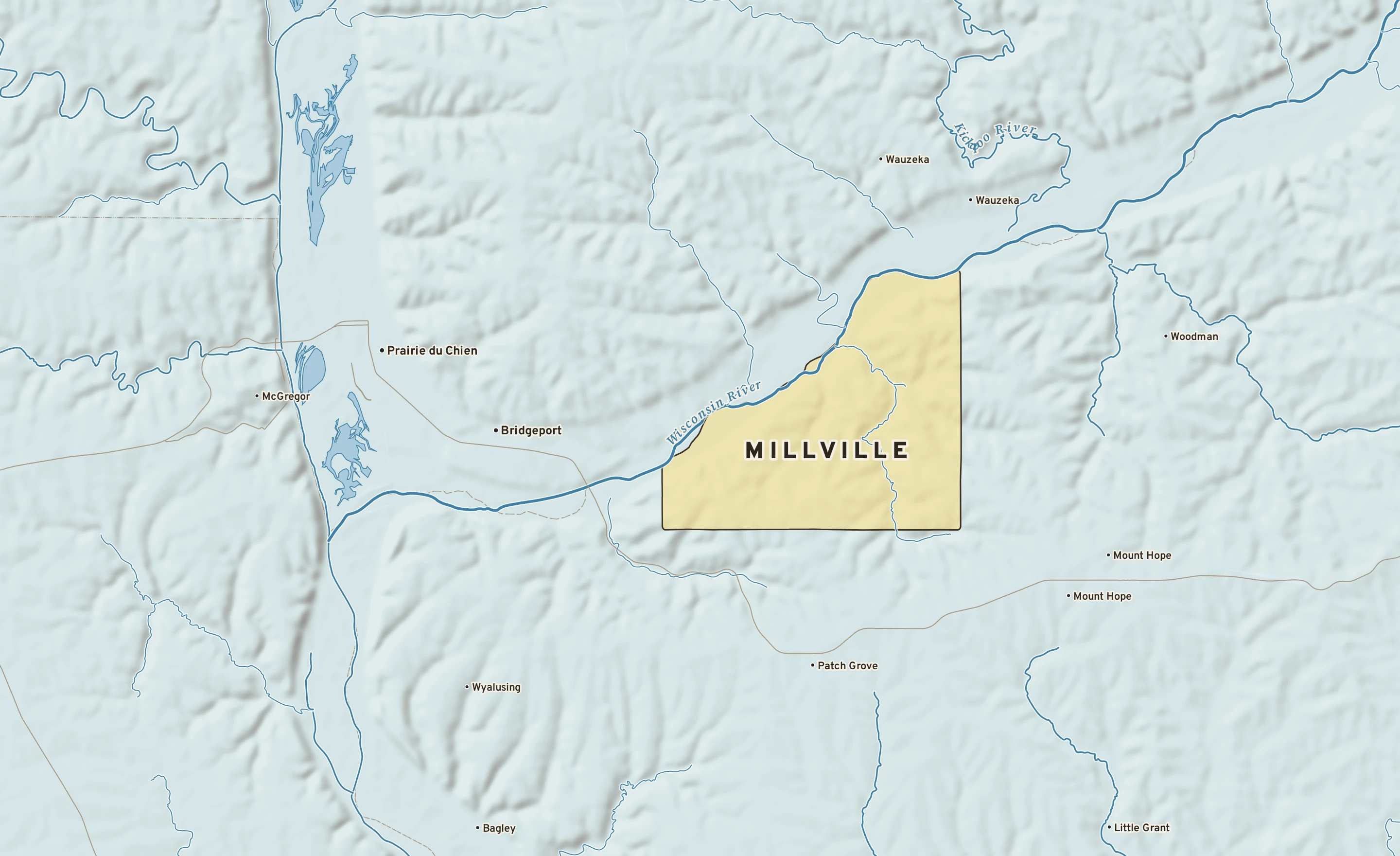 Shaded-relief atlas plate of Millville, Wisconsin: rivers, roads, the city limits and where the water drains.