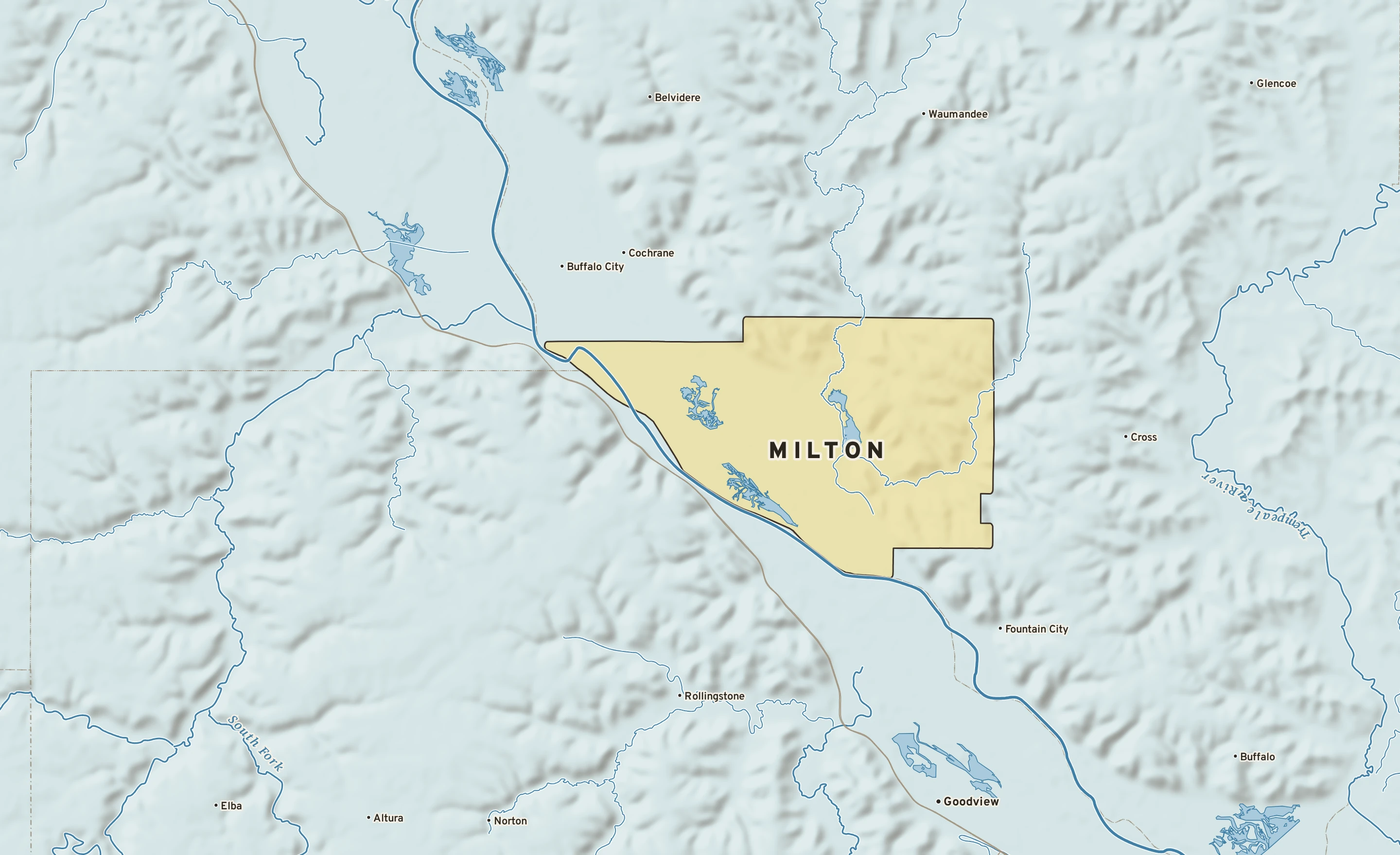 Shaded-relief atlas plate of Milton, Wisconsin: rivers, roads, the city limits and where the water drains.