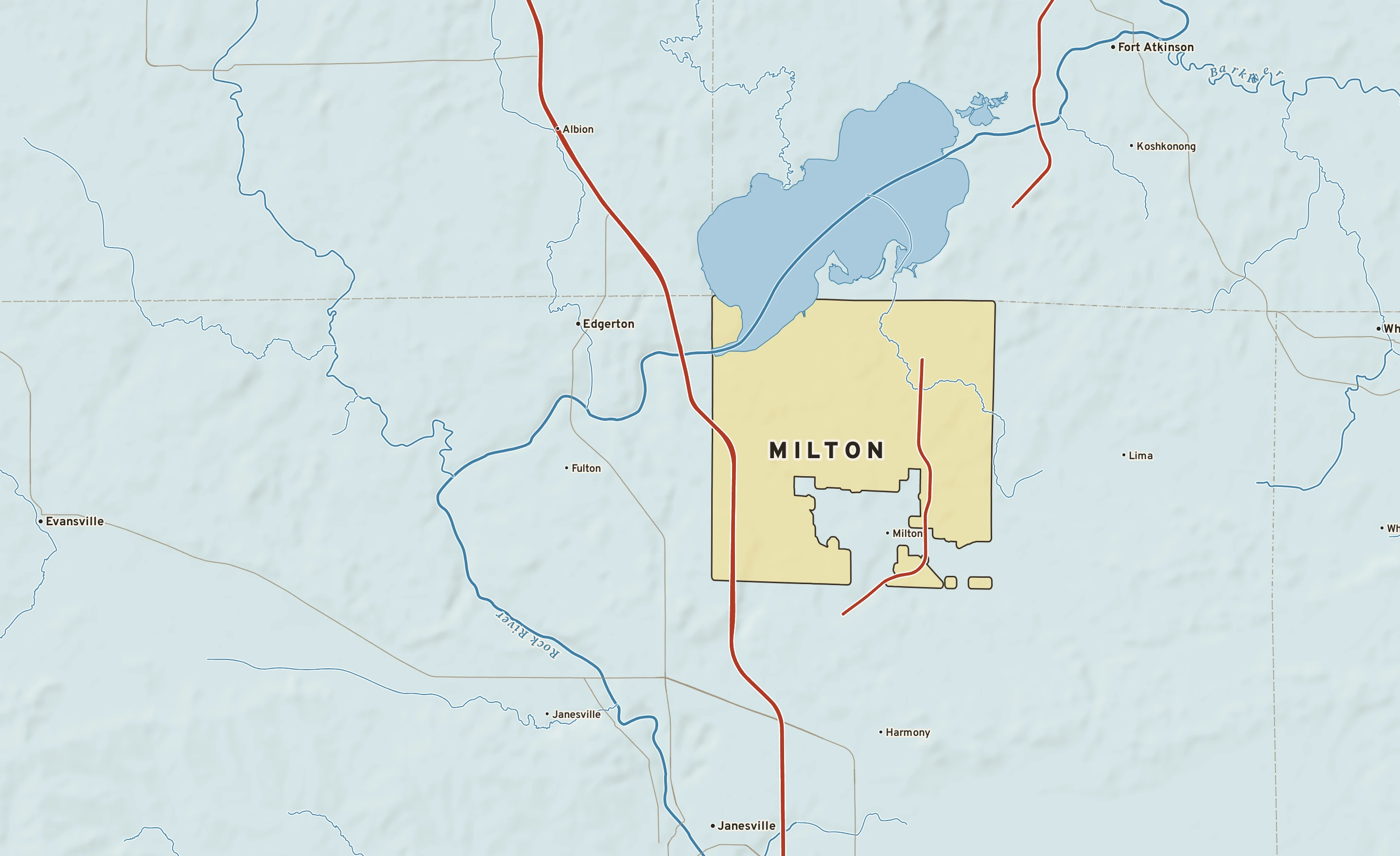 Shaded-relief atlas plate of Milton, Wisconsin: rivers, roads, the city limits and where the water drains.