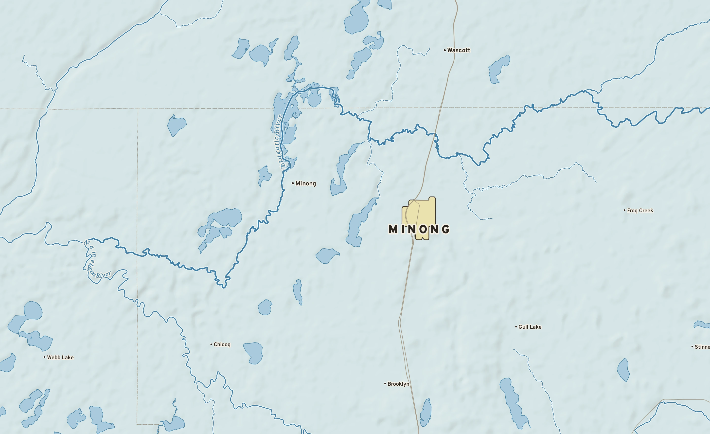 Shaded-relief atlas plate of Minong, Wisconsin: rivers, roads, the city limits and where the water drains.