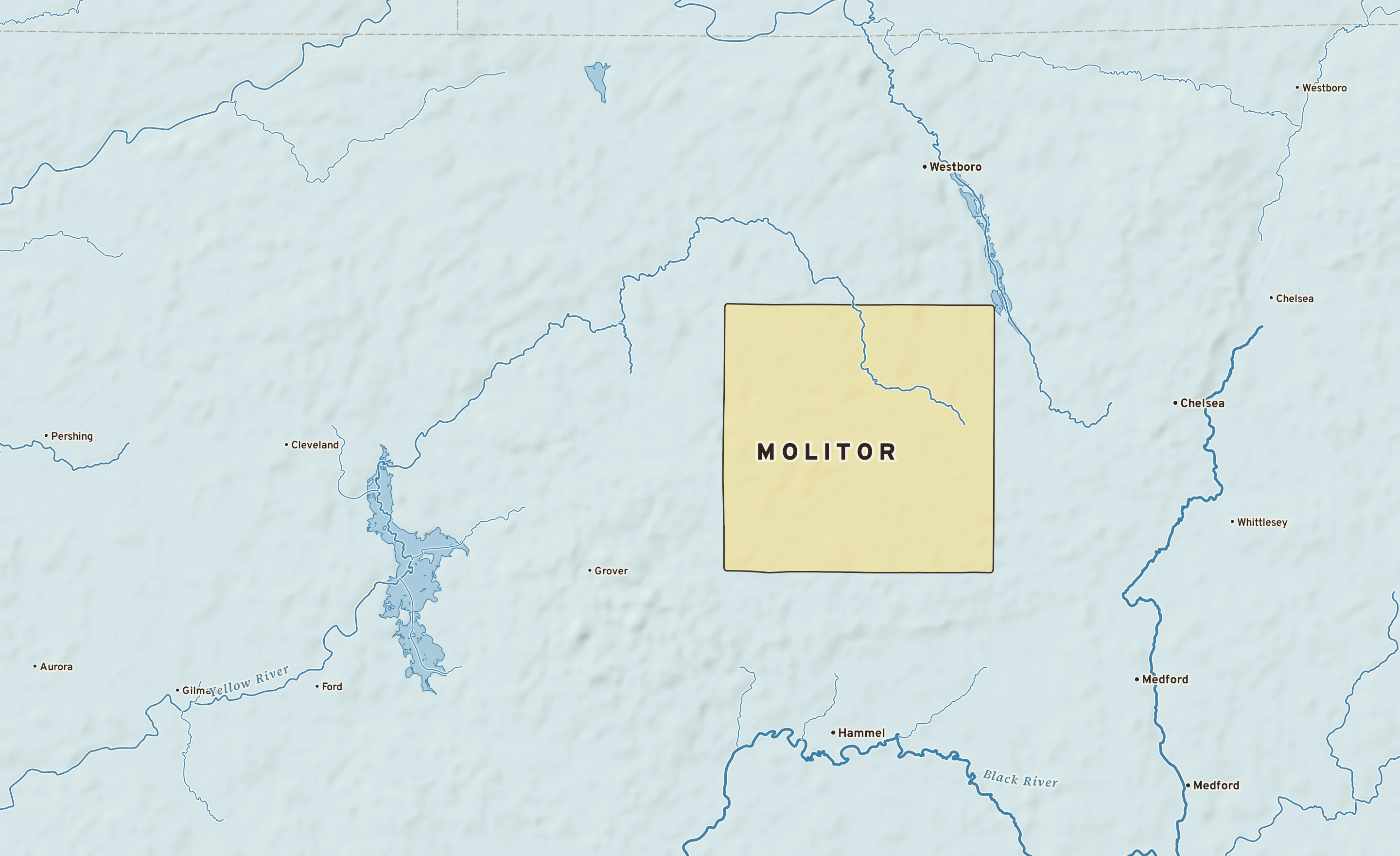 Shaded-relief atlas plate of Molitor, Wisconsin: rivers, roads, the city limits and where the water drains.