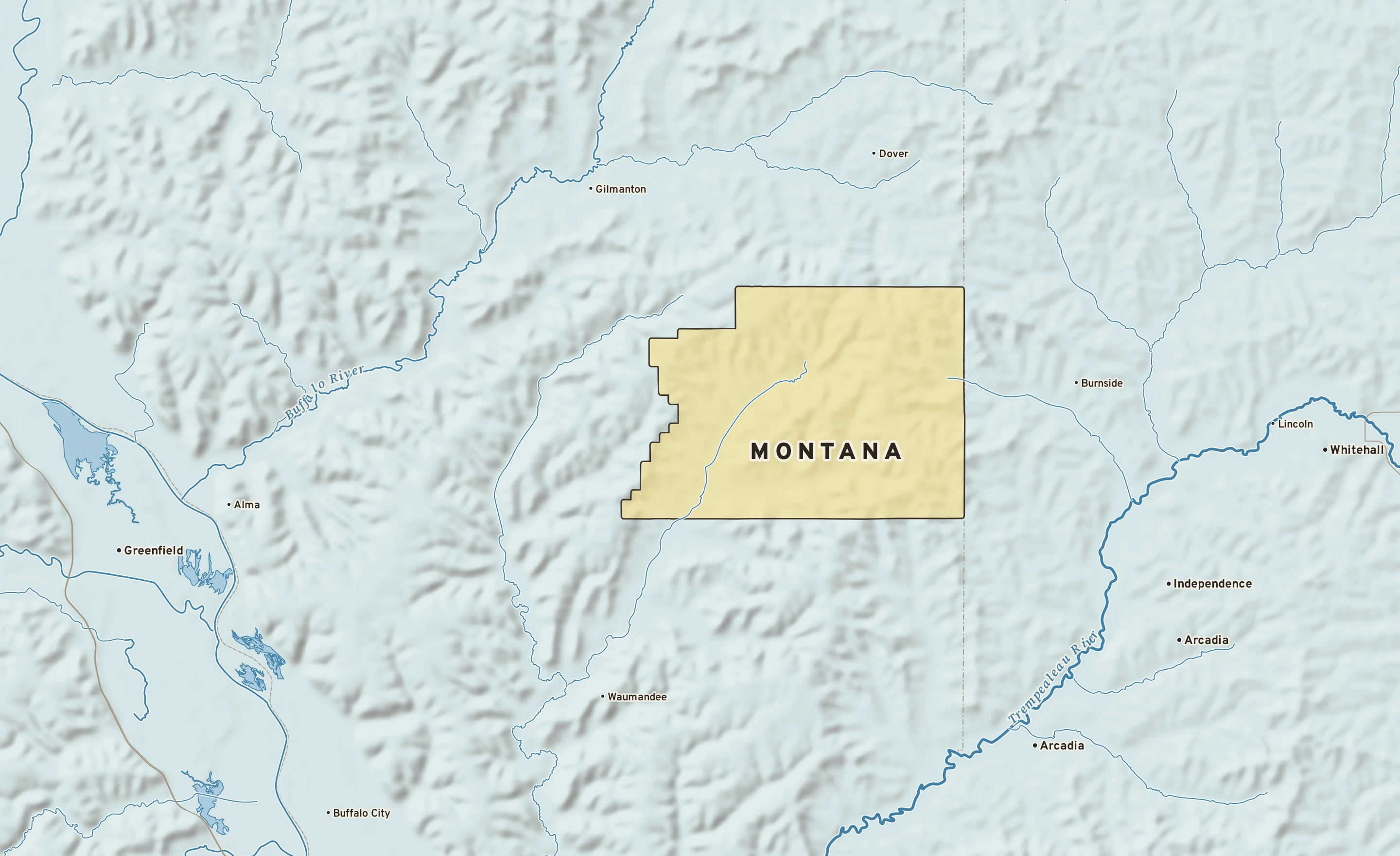 Shaded-relief atlas plate of Montana, Wisconsin: rivers, roads, the city limits and where the water drains.