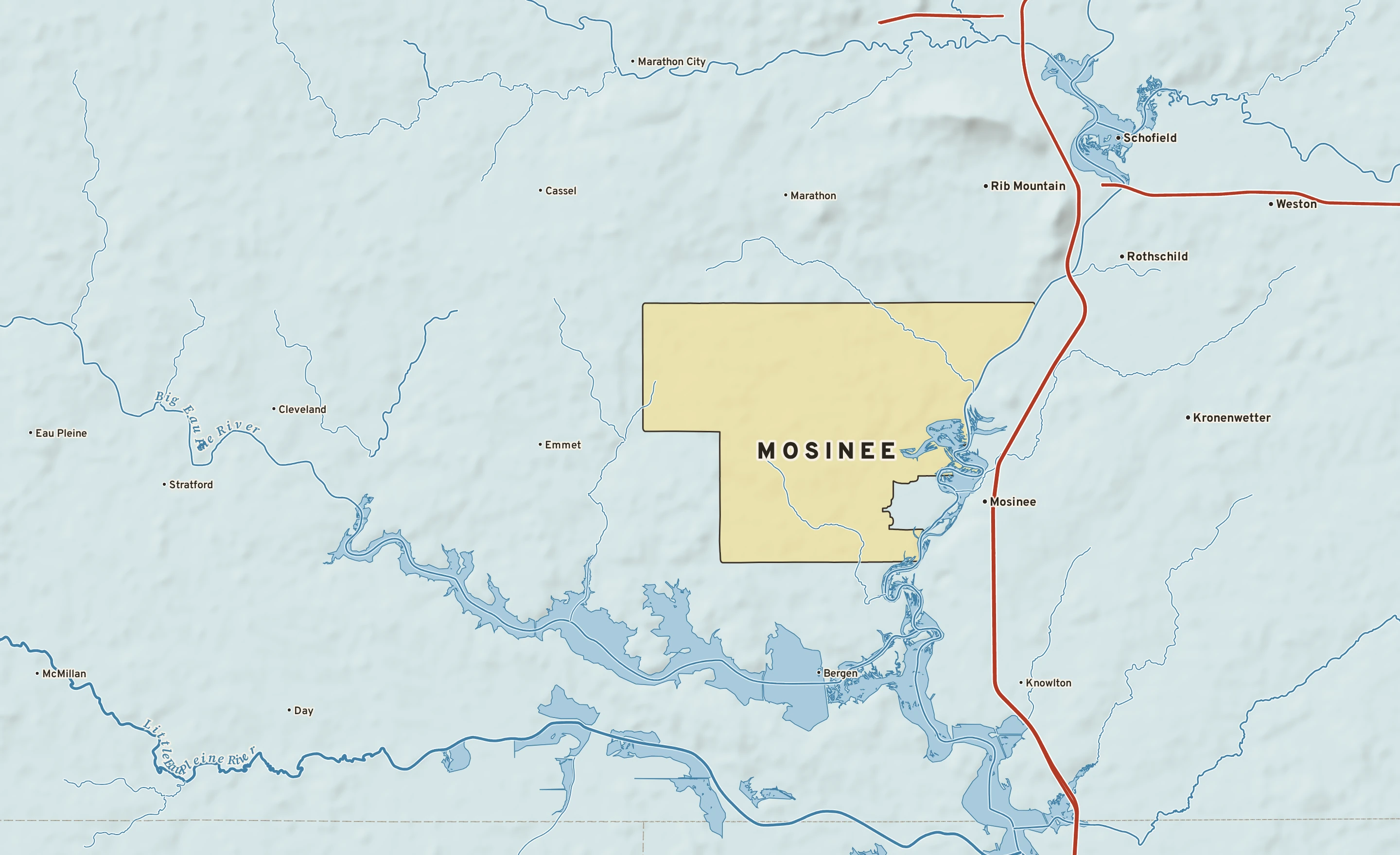 Shaded-relief atlas plate of Mosinee, Wisconsin: rivers, roads, the city limits and where the water drains.