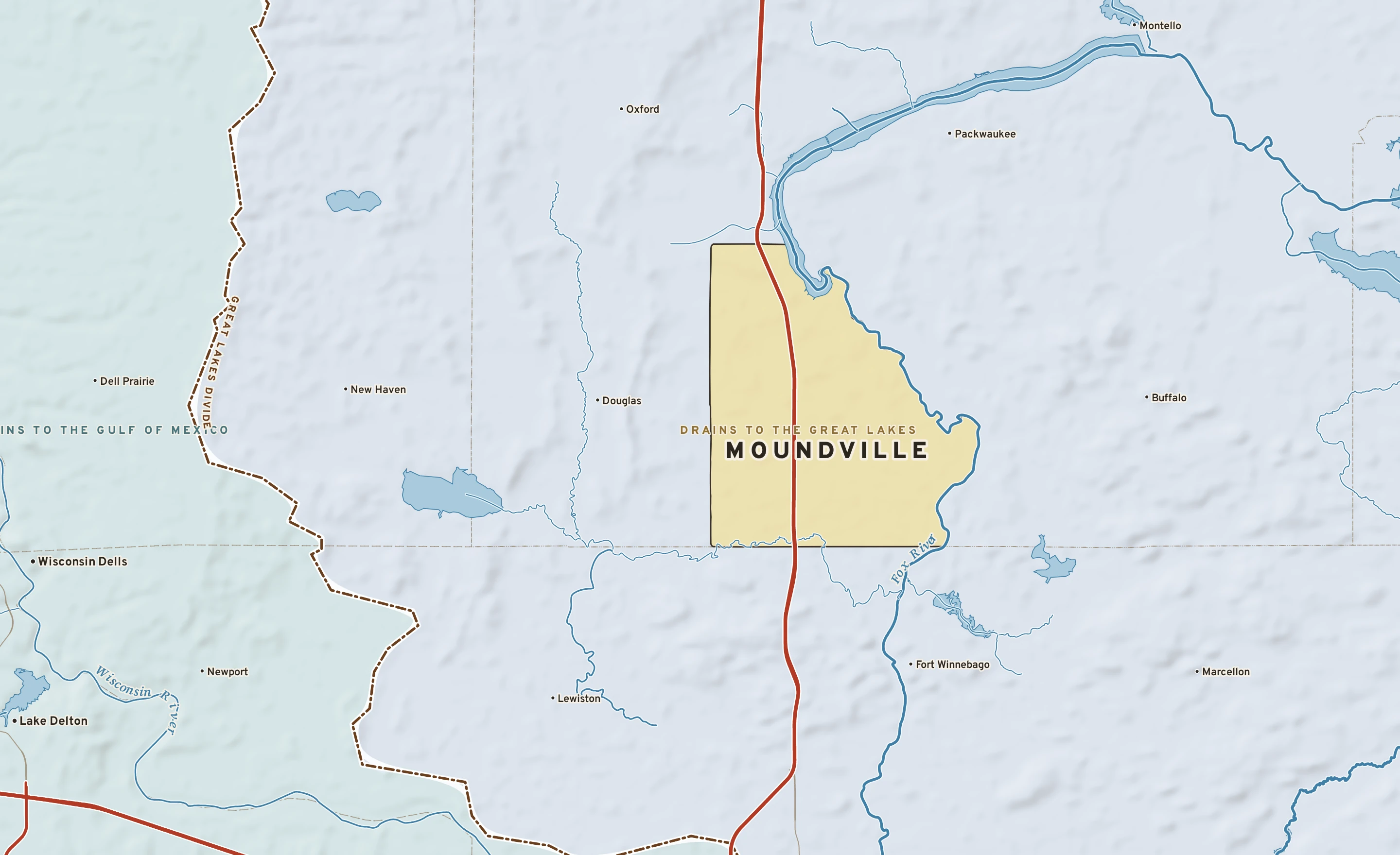 Shaded-relief atlas plate of Moundville, Wisconsin: rivers, roads, the city limits and where the water drains.