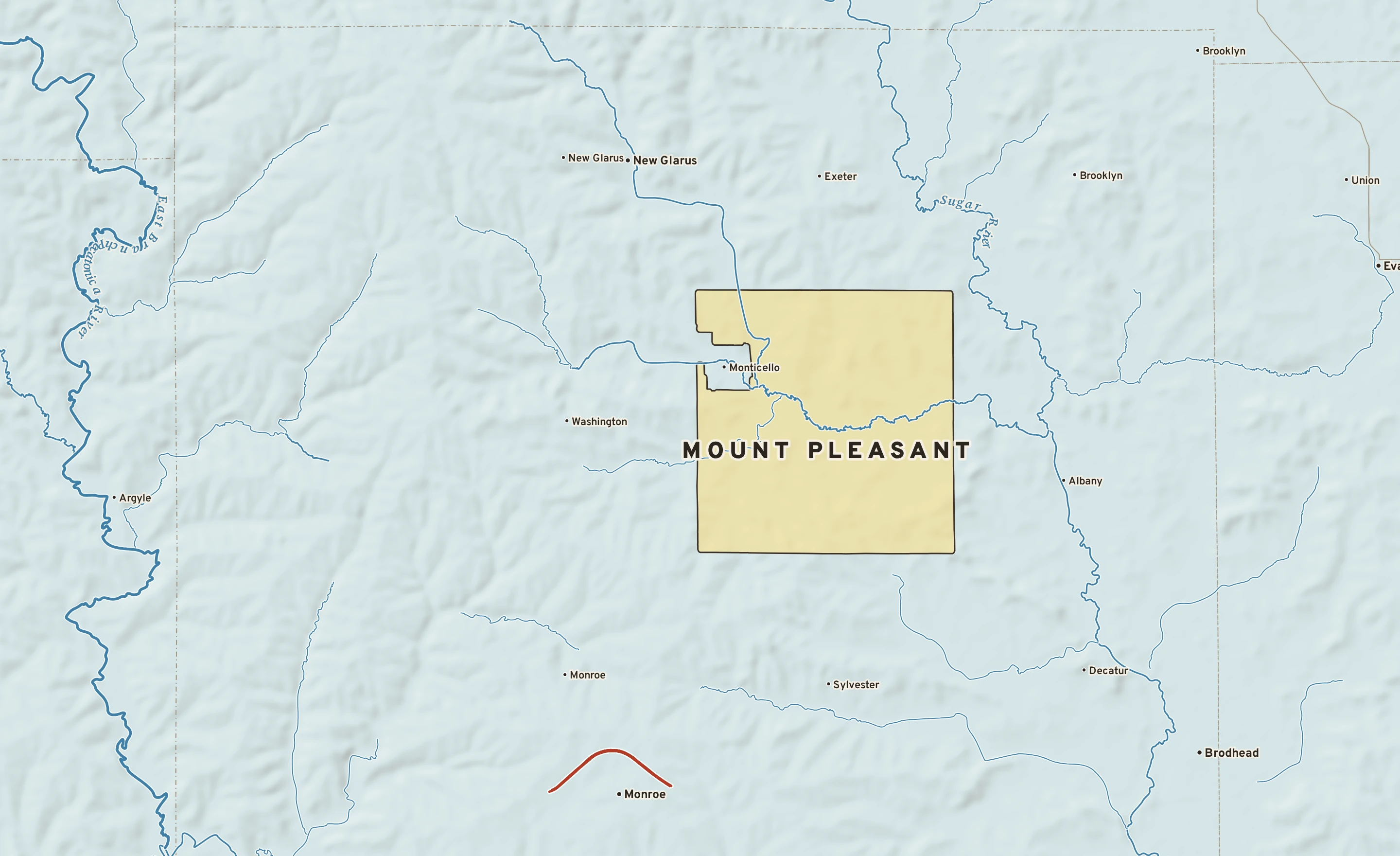 Shaded-relief atlas plate of Mount Pleasant, Wisconsin: rivers, roads, the city limits and where the water drains.