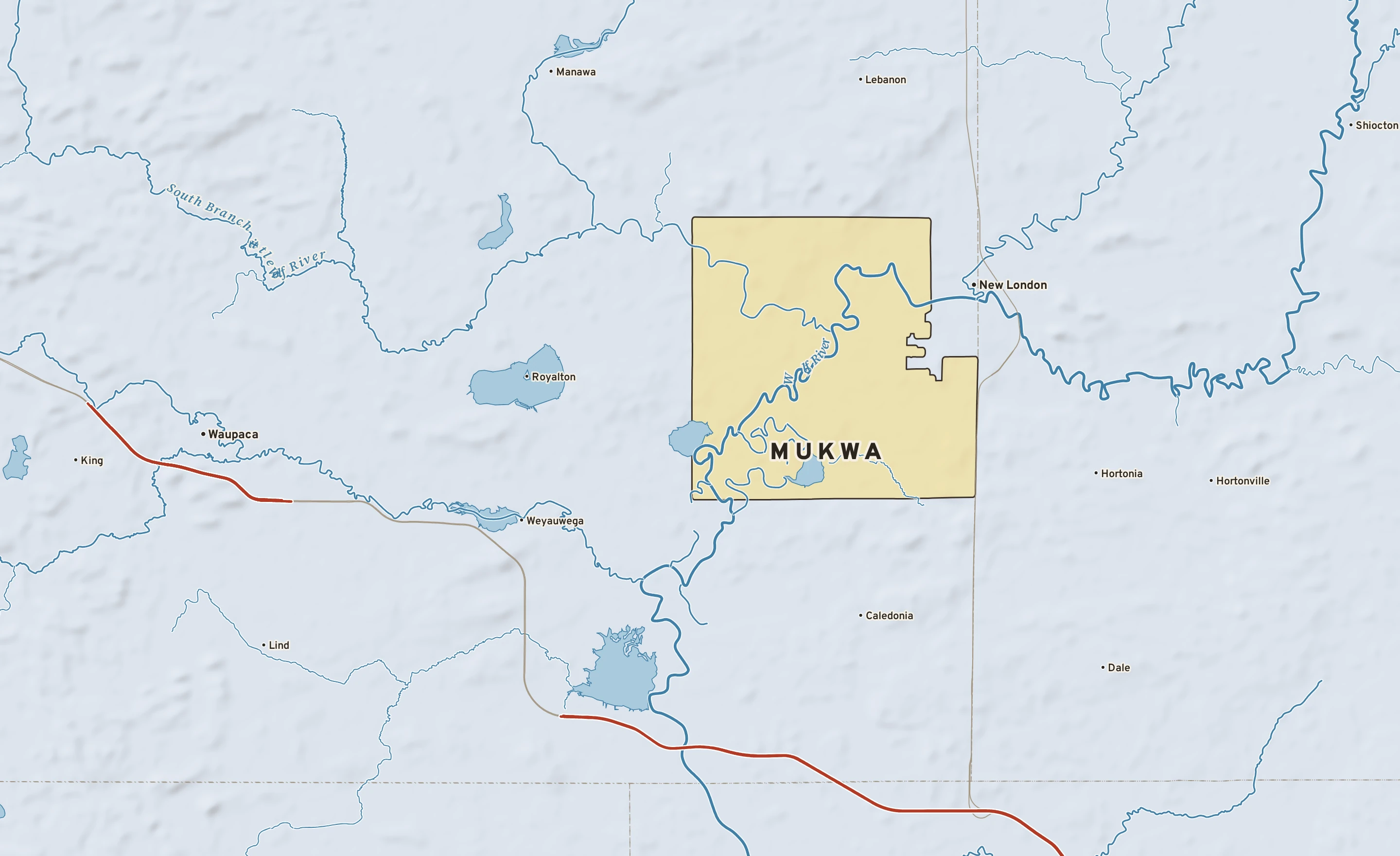 Shaded-relief atlas plate of Mukwa, Wisconsin: rivers, roads, the city limits and where the water drains.