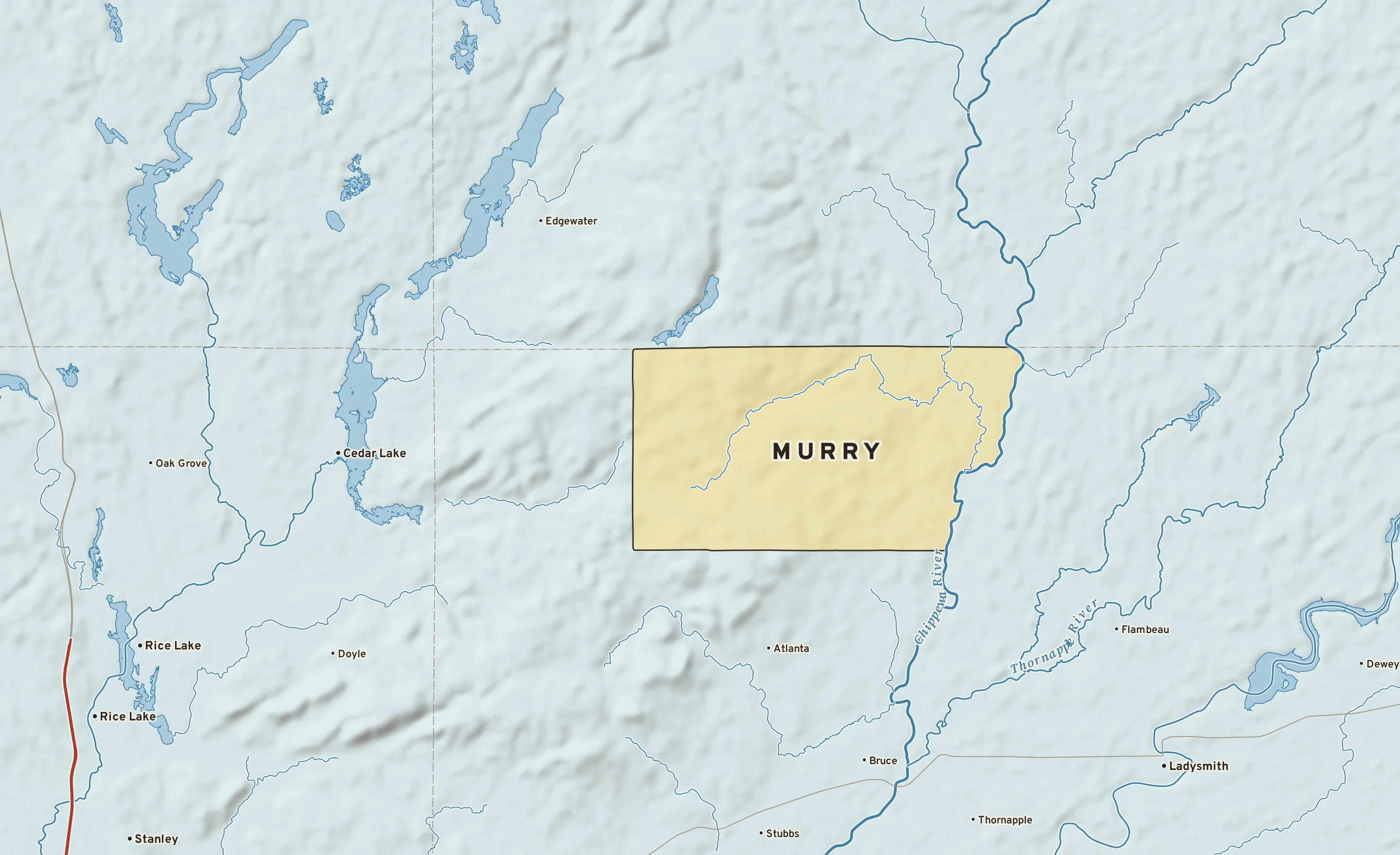 Shaded-relief atlas plate of Murry, Wisconsin: rivers, roads, the city limits and where the water drains.