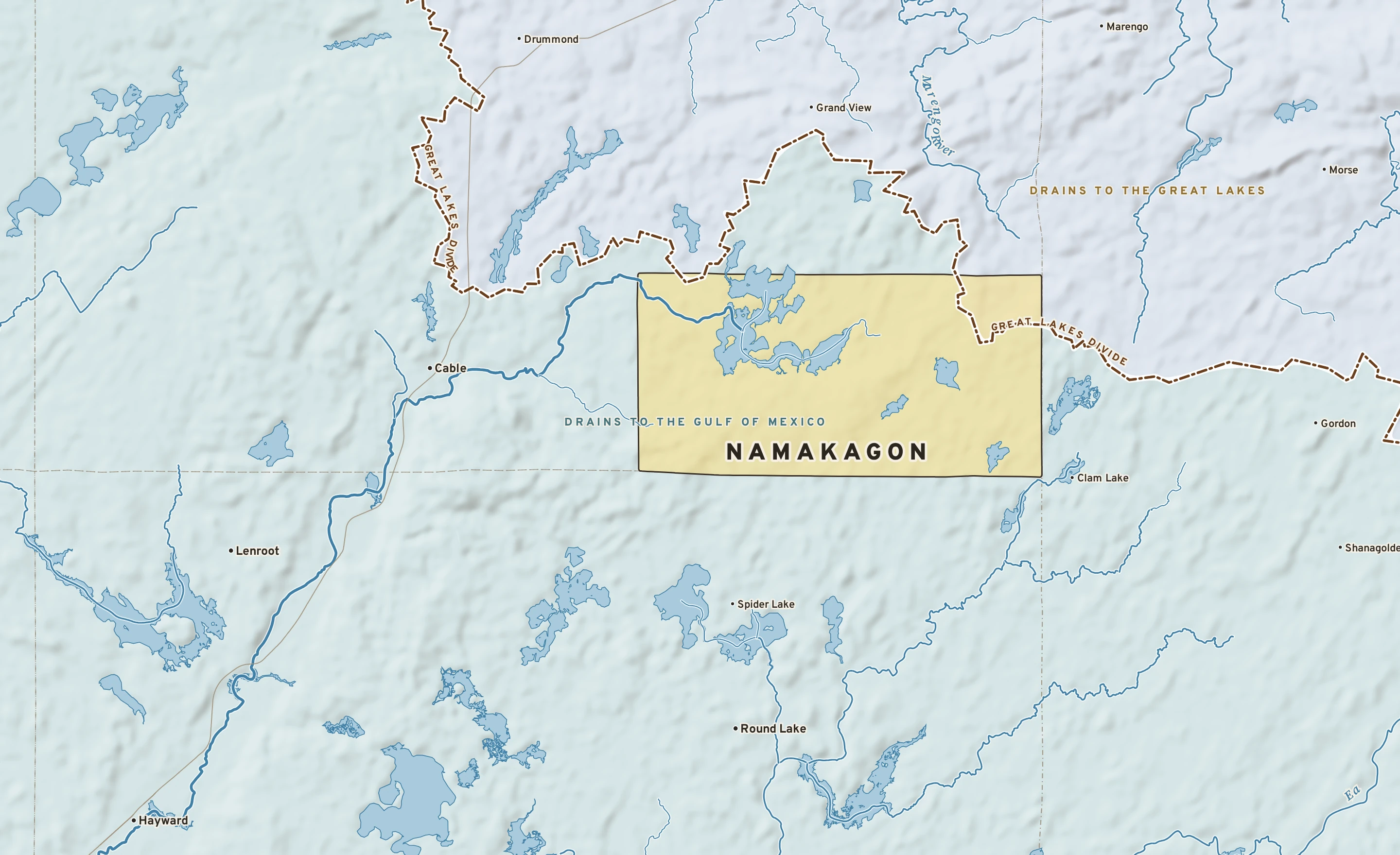 Shaded-relief atlas plate of Namakagon, Wisconsin: rivers, roads, the city limits and where the water drains.