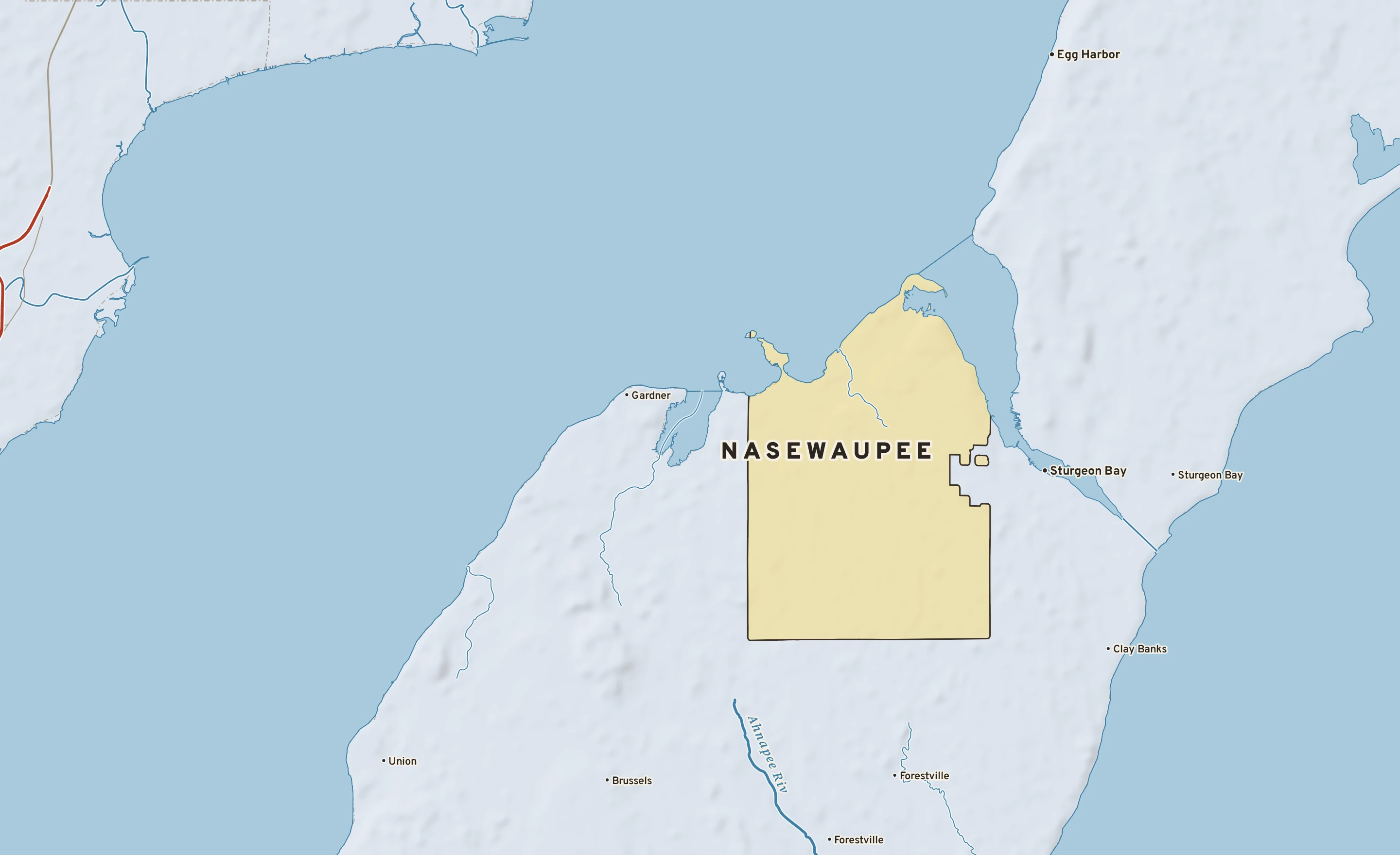 Shaded-relief atlas plate of Nasewaupee, Wisconsin: rivers, roads, the city limits and where the water drains.