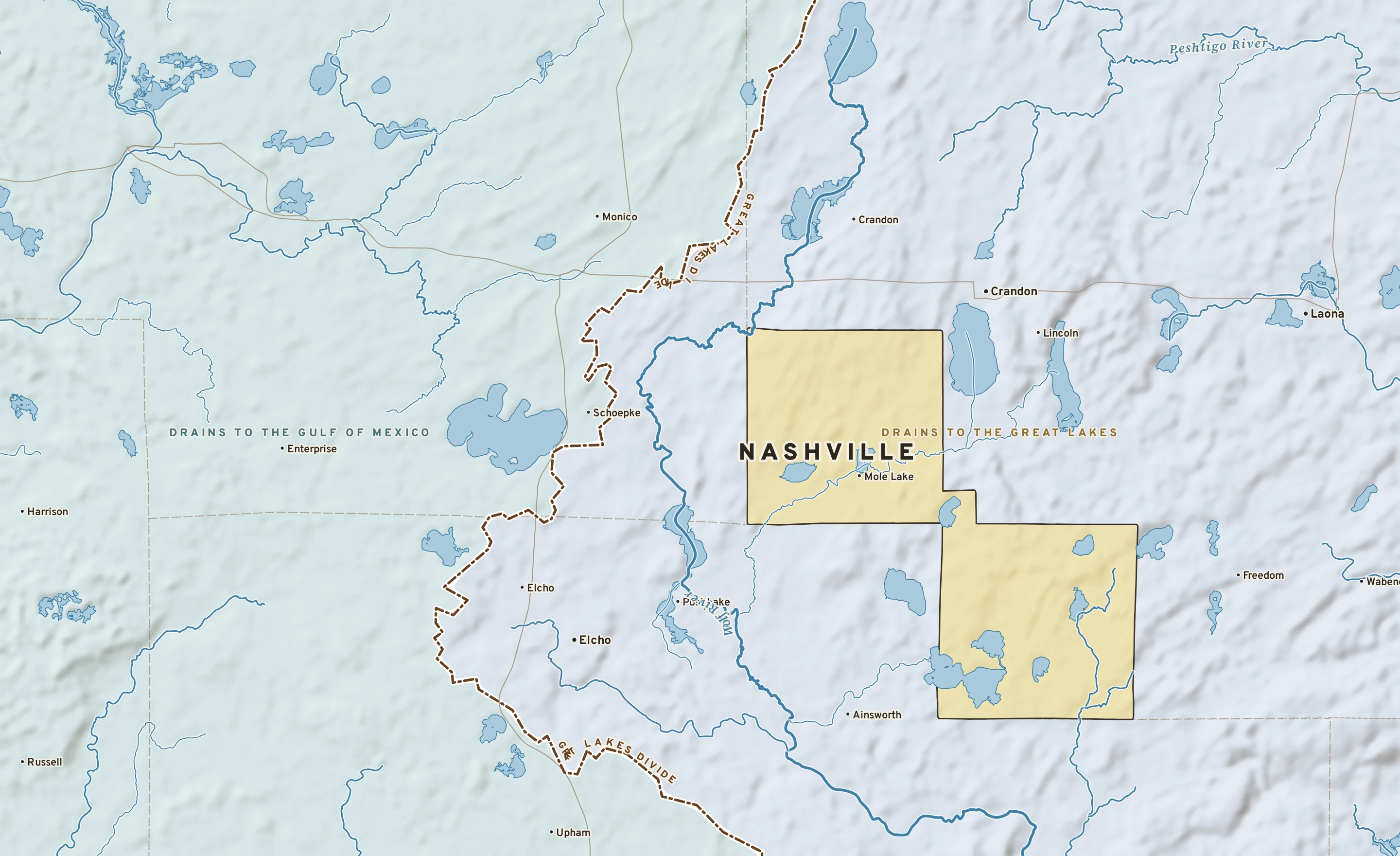 Shaded-relief atlas plate of Nashville, Wisconsin: rivers, roads, the city limits and where the water drains.