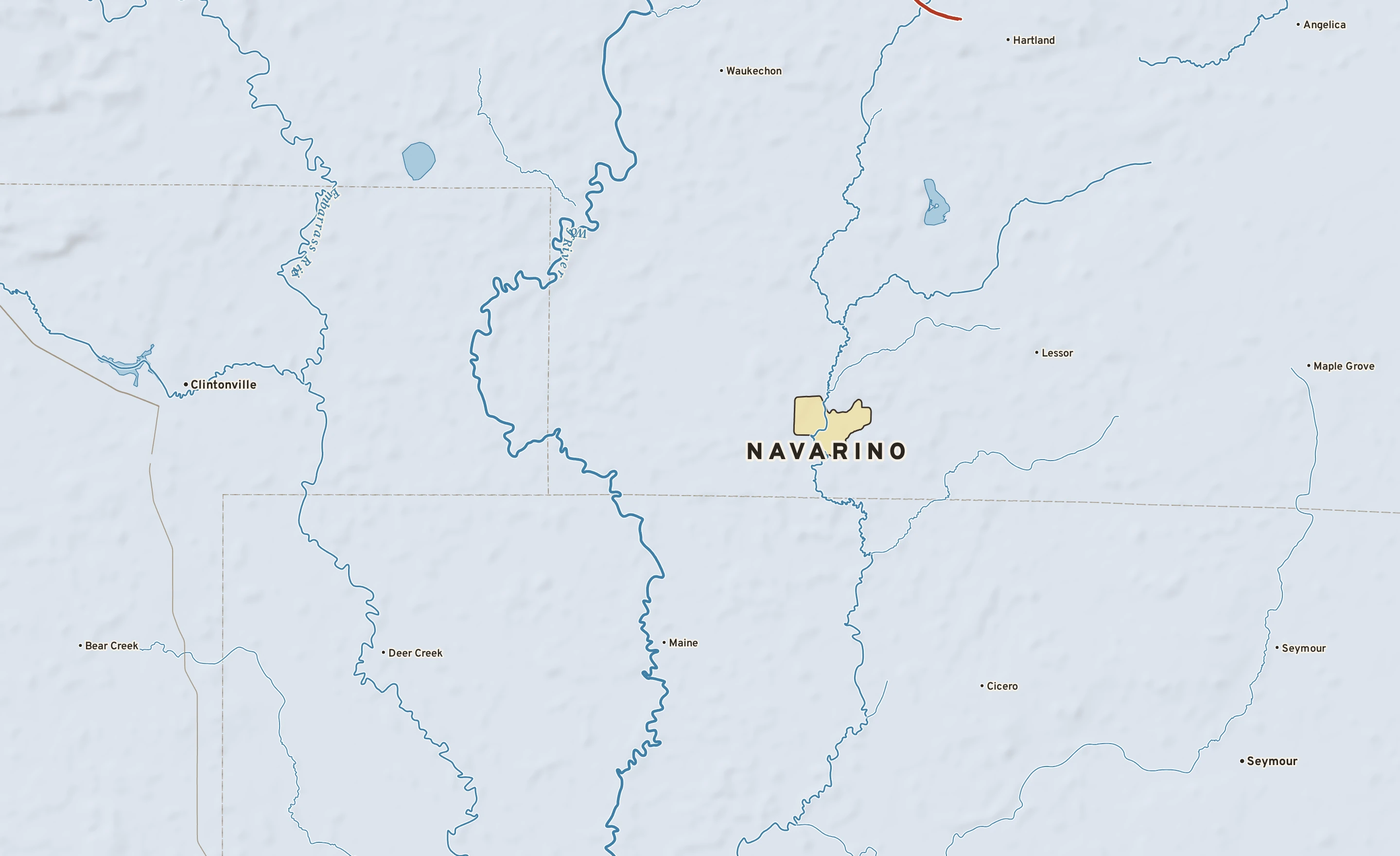 Shaded-relief atlas plate of Navarino, Wisconsin: rivers, roads, the city limits and where the water drains.