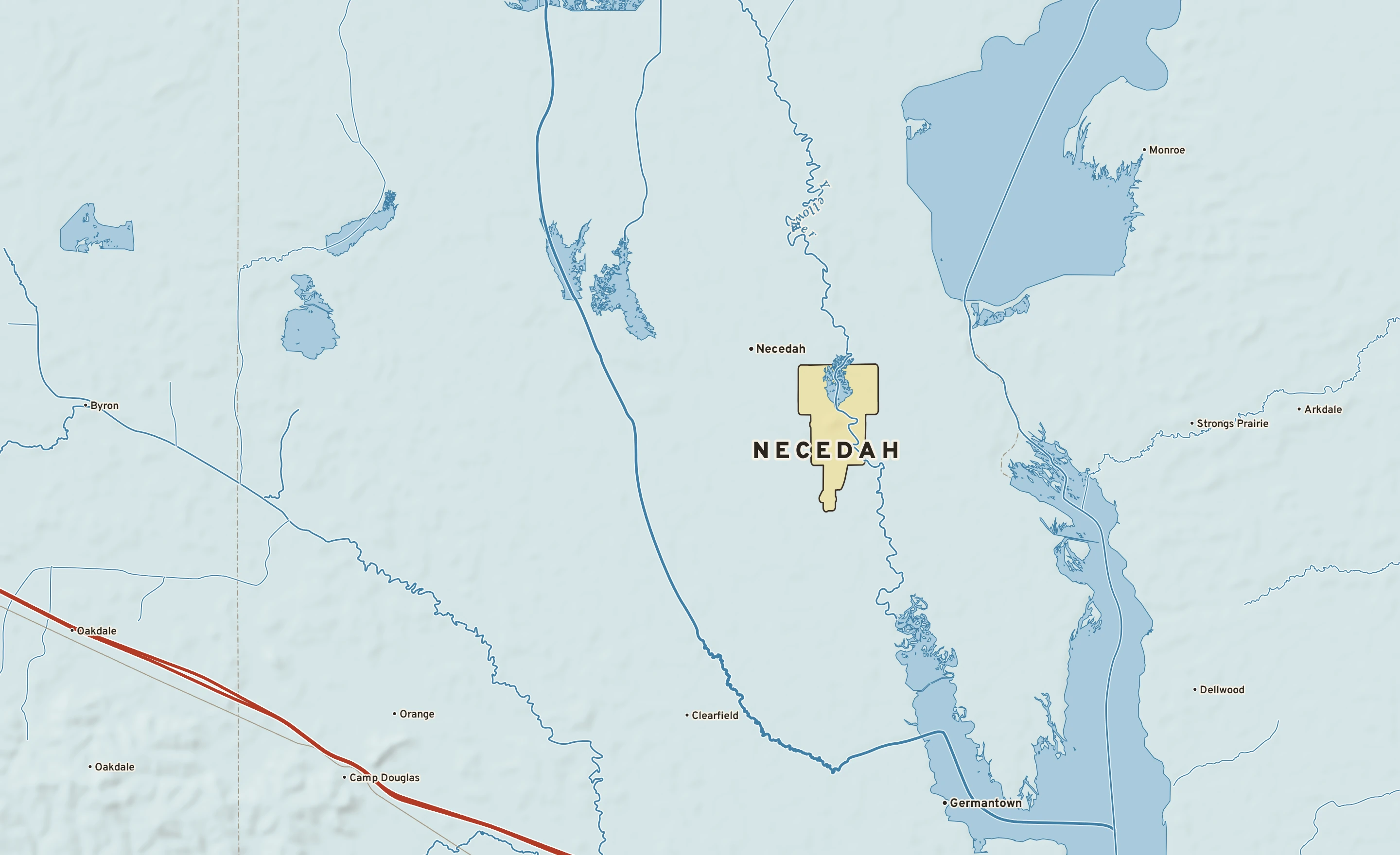 Shaded-relief atlas plate of Necedah, Wisconsin: rivers, roads, the city limits and where the water drains.