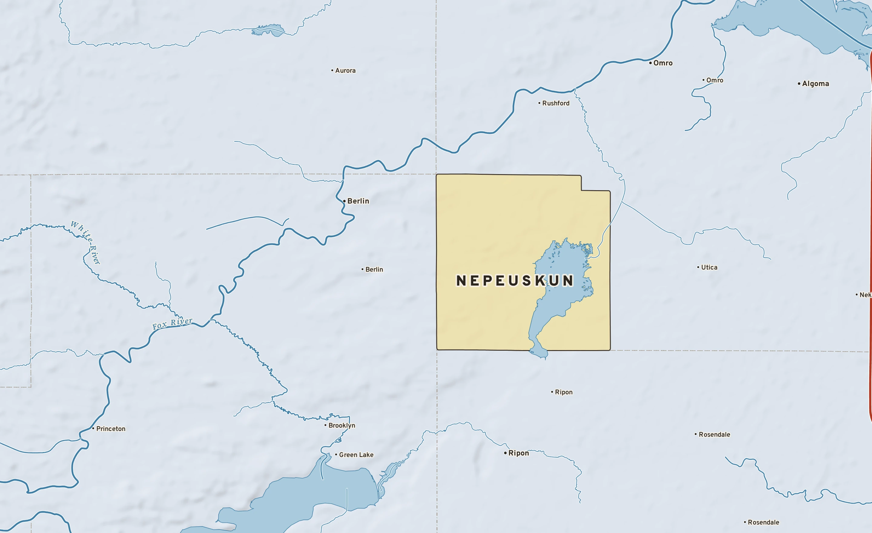 Shaded-relief atlas plate of Nepeuskun, Wisconsin: rivers, roads, the city limits and where the water drains.