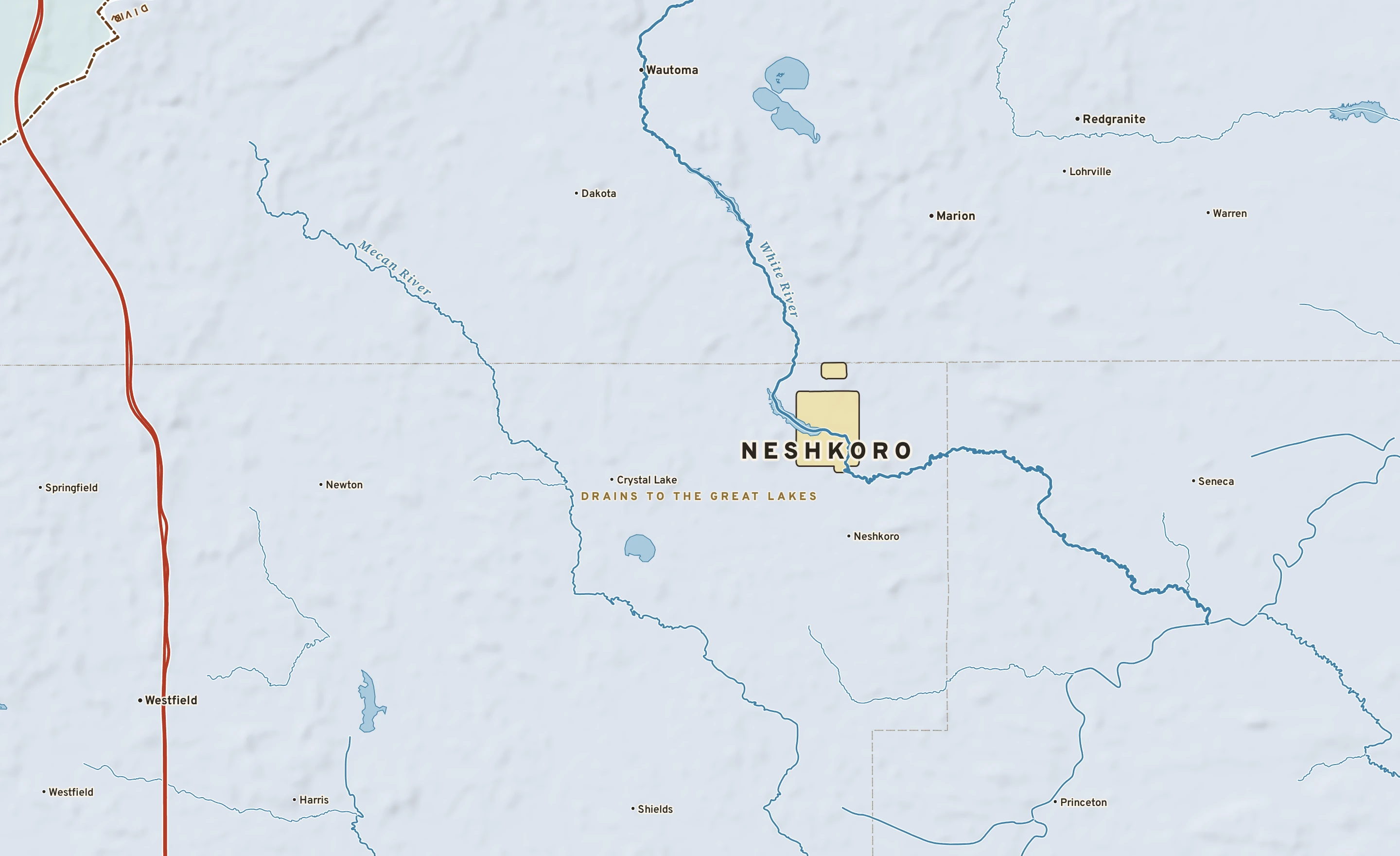 Shaded-relief atlas plate of Neshkoro, Wisconsin: rivers, roads, the city limits and where the water drains.