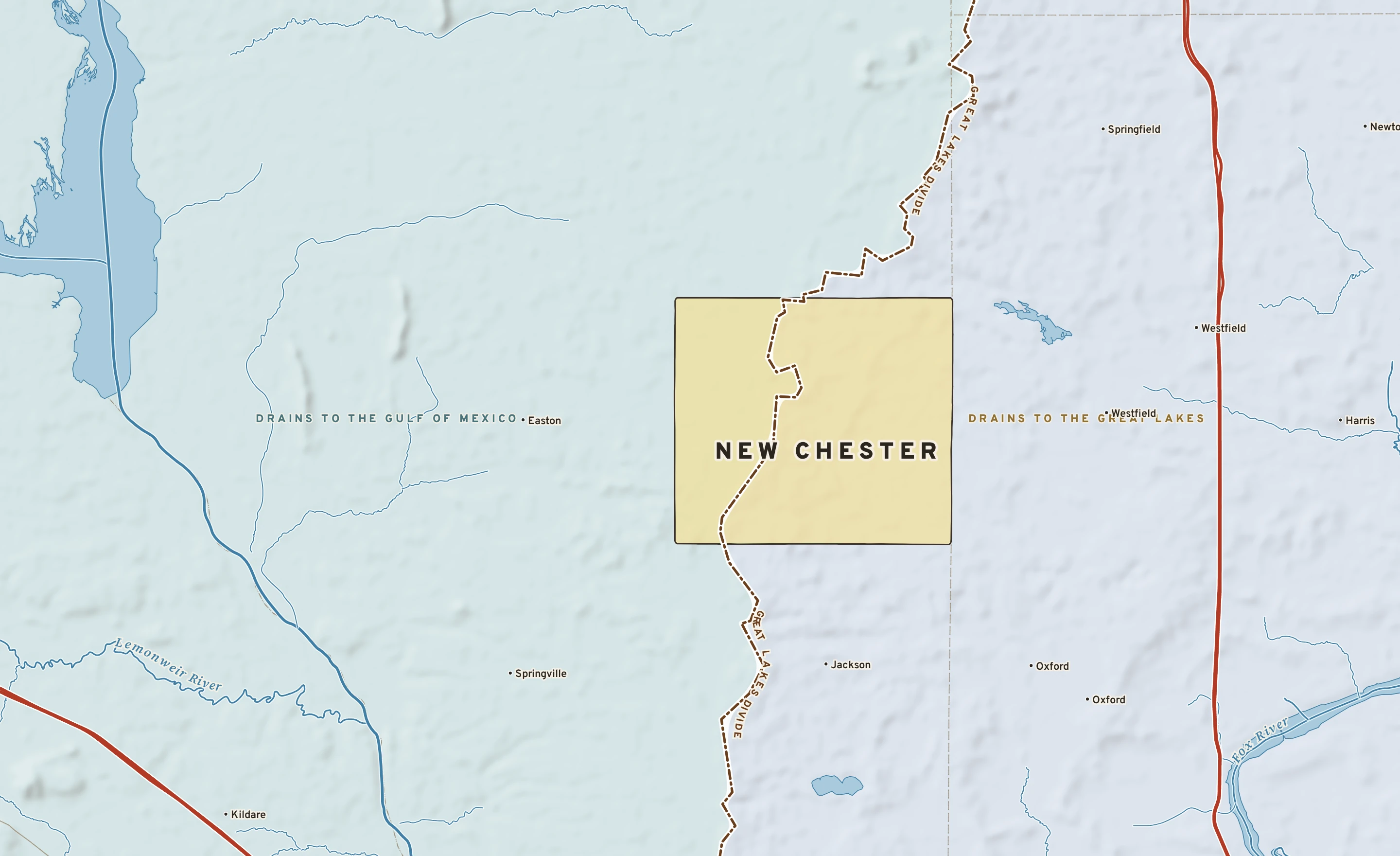 Shaded-relief atlas plate of New Chester, Wisconsin: rivers, roads, the city limits and where the water drains.