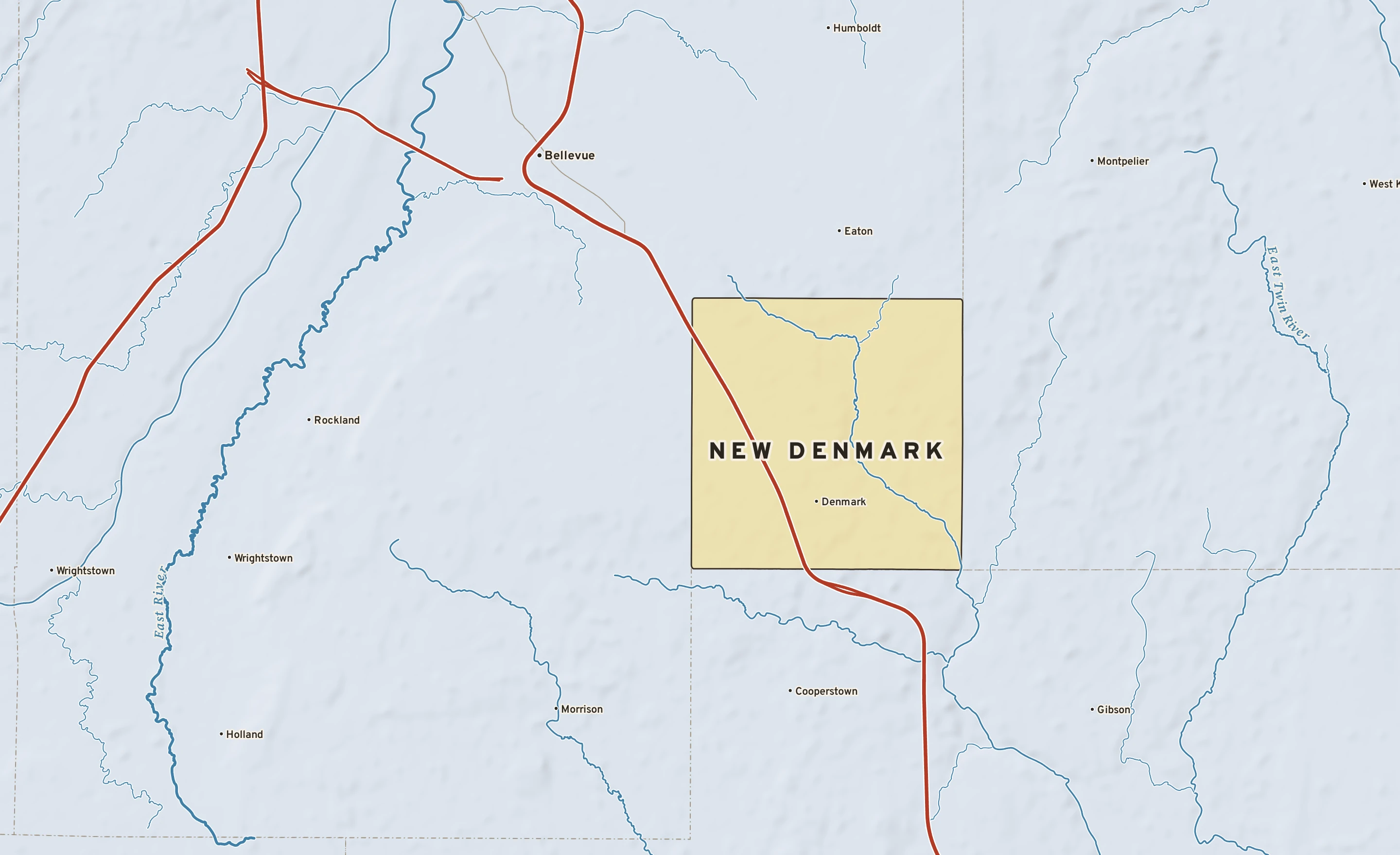 Shaded-relief atlas plate of New Denmark, Wisconsin: rivers, roads, the city limits and where the water drains.
