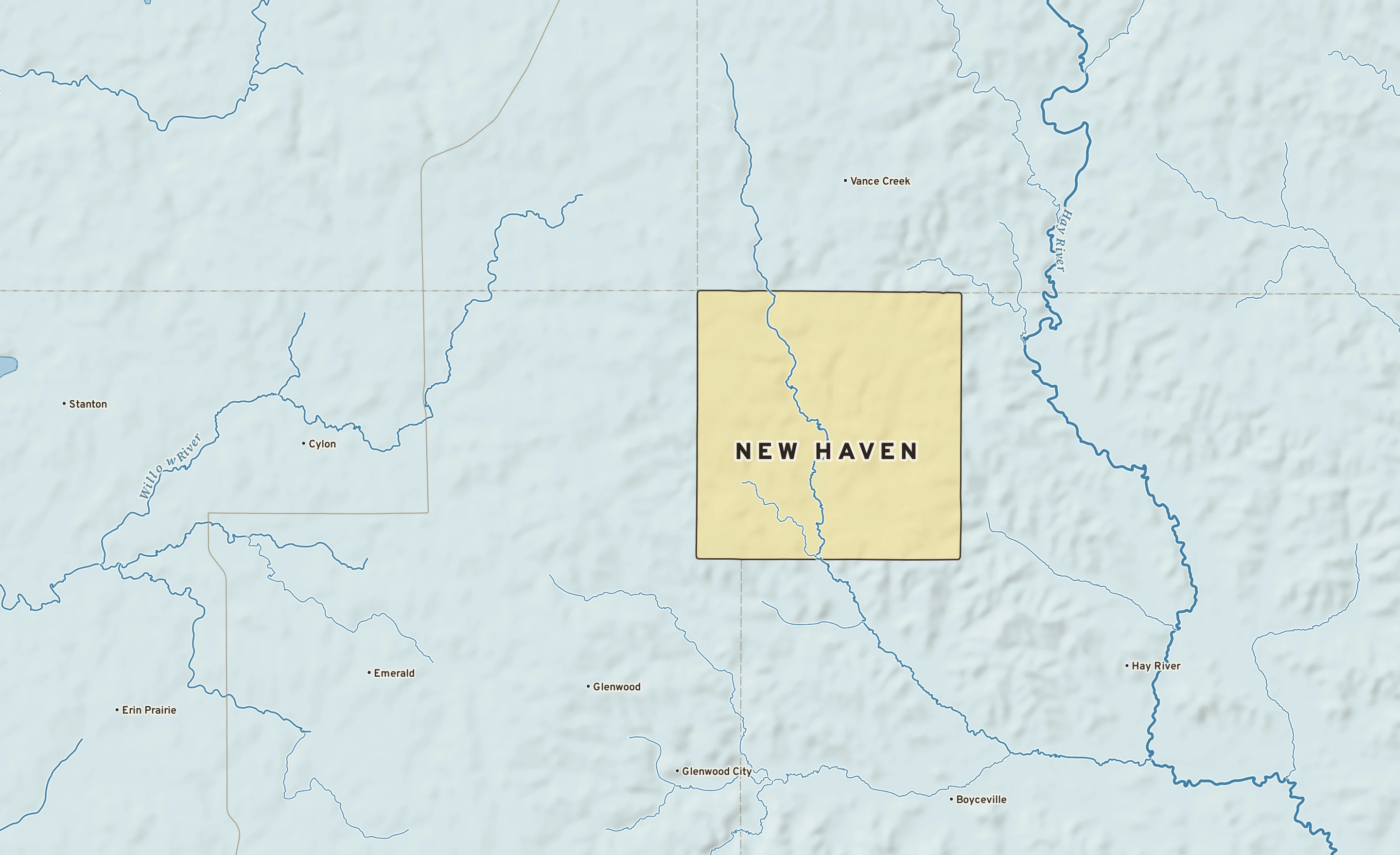 Shaded-relief atlas plate of New Haven, Wisconsin: rivers, roads, the city limits and where the water drains.