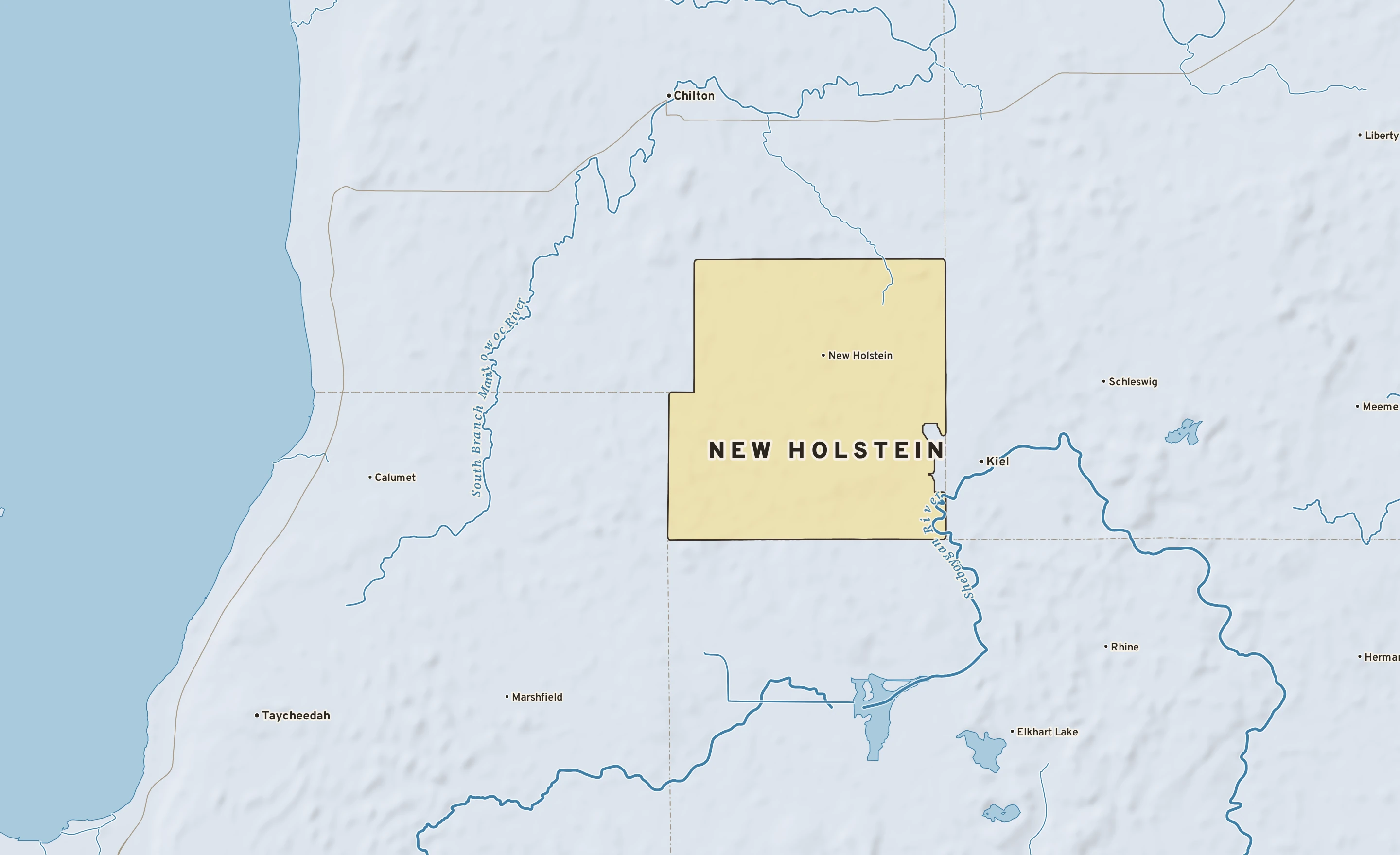 Shaded-relief atlas plate of New Holstein, Wisconsin: rivers, roads, the city limits and where the water drains.