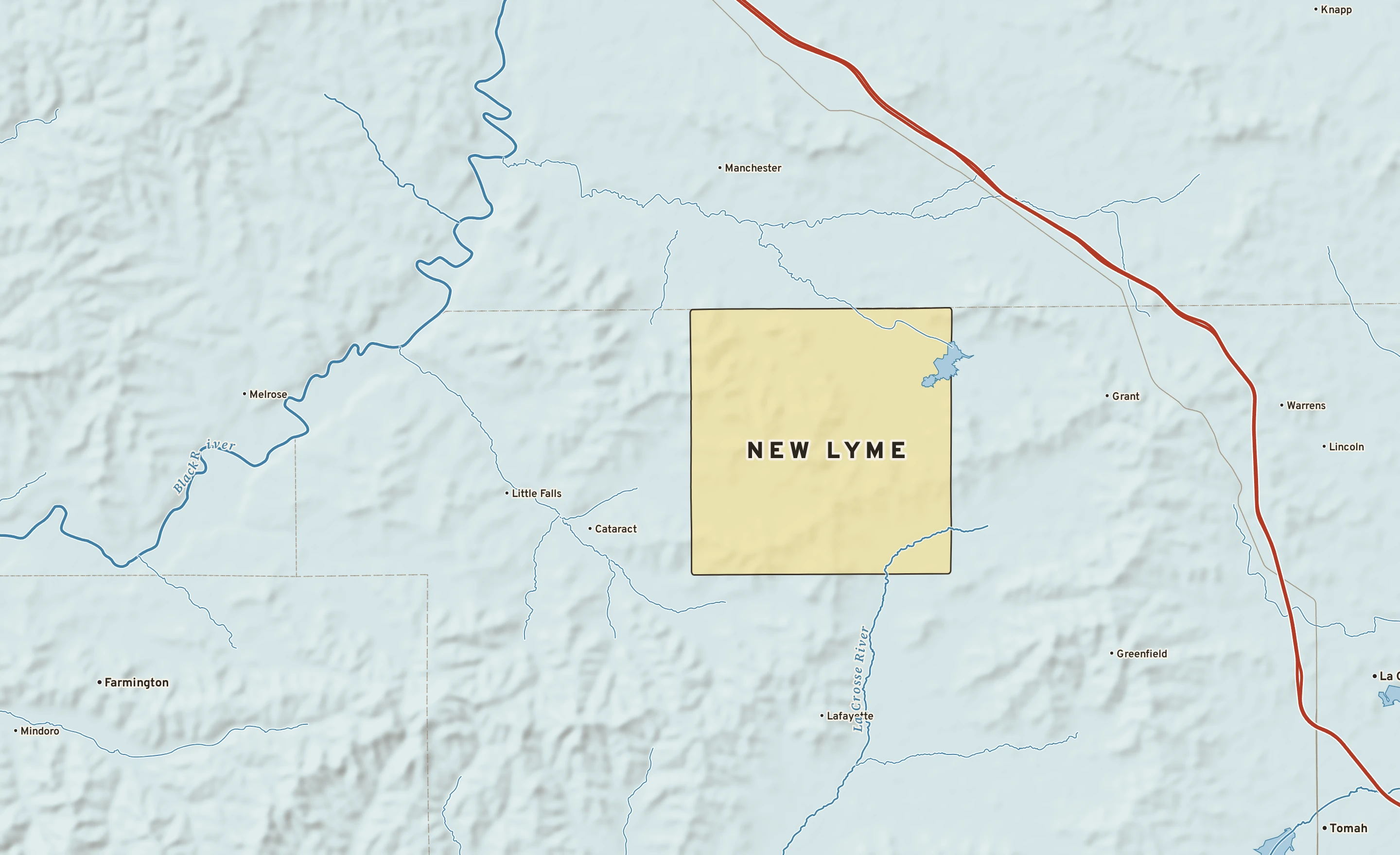 Shaded-relief atlas plate of New Lyme, Wisconsin: rivers, roads, the city limits and where the water drains.