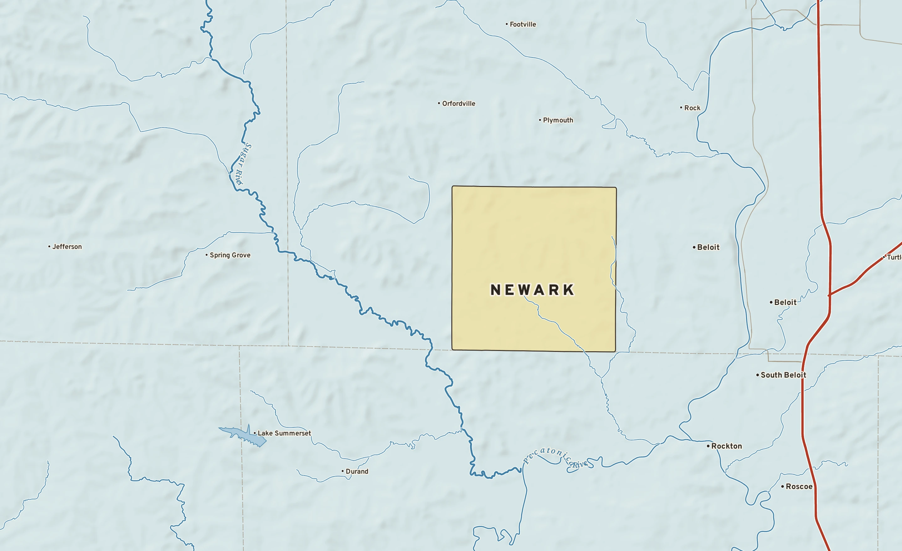 Shaded-relief atlas plate of Newark, Wisconsin: rivers, roads, the city limits and where the water drains.