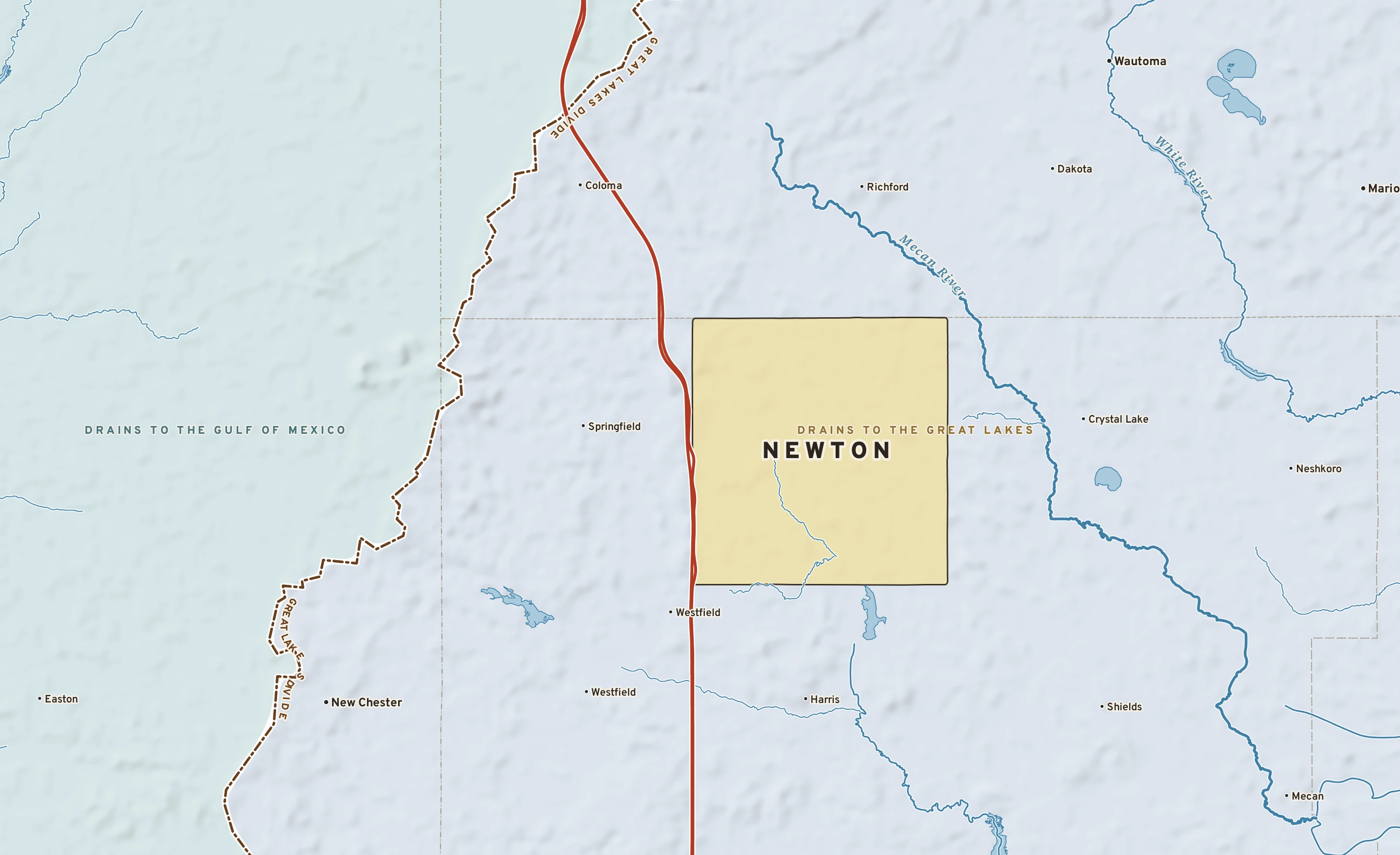 Shaded-relief atlas plate of Newton, Wisconsin: rivers, roads, the city limits and where the water drains.