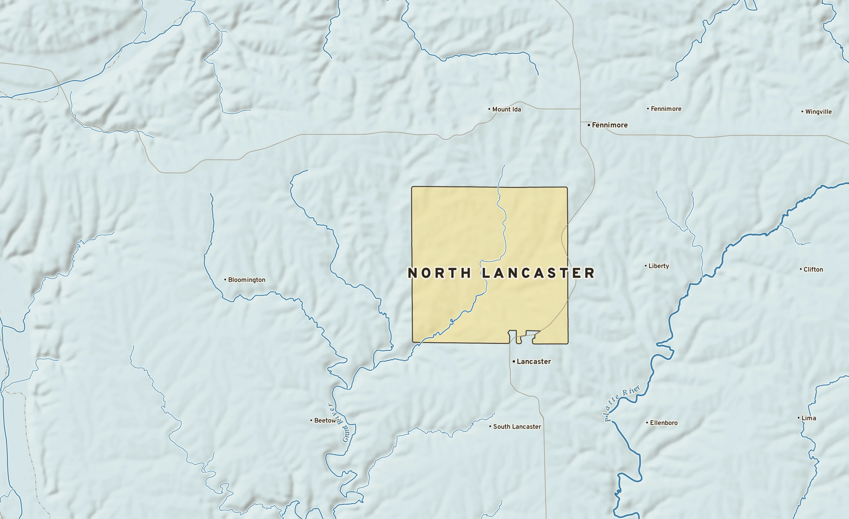 Shaded-relief atlas plate of North Lancaster, Wisconsin: rivers, roads, the city limits and where the water drains.