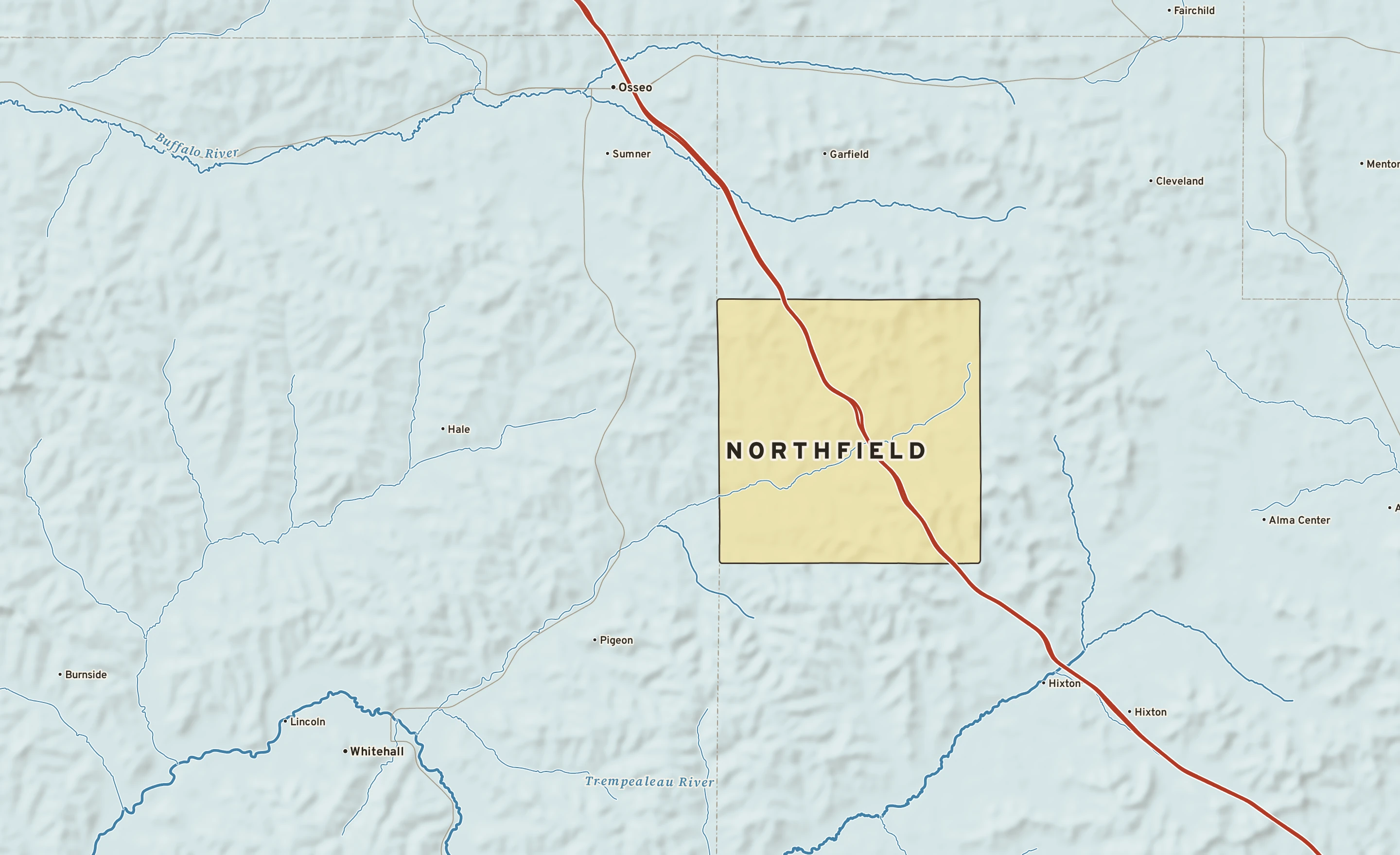 Shaded-relief atlas plate of Northfield, Wisconsin: rivers, roads, the city limits and where the water drains.