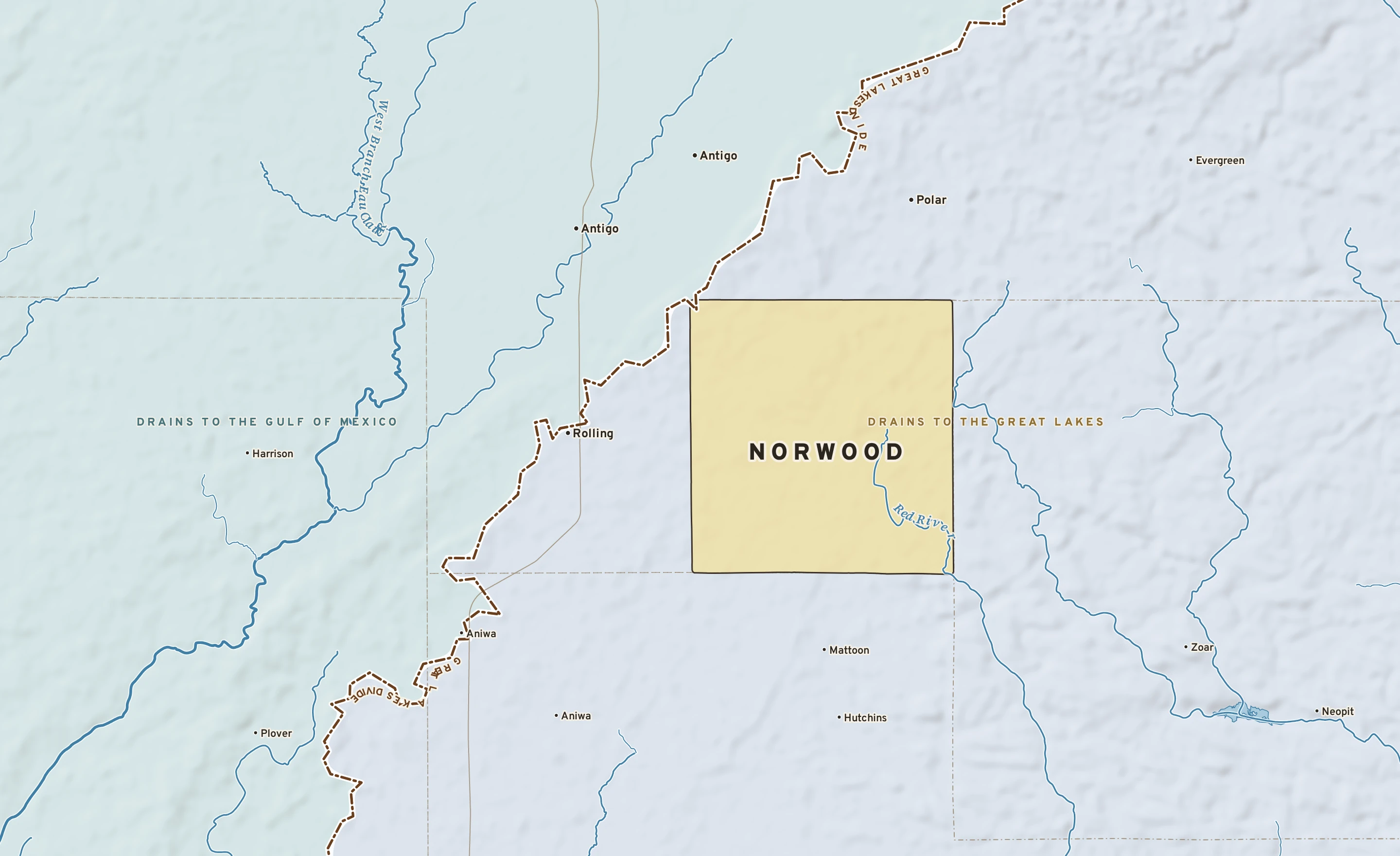 Shaded-relief atlas plate of Norwood, Wisconsin: rivers, roads, the city limits and where the water drains.