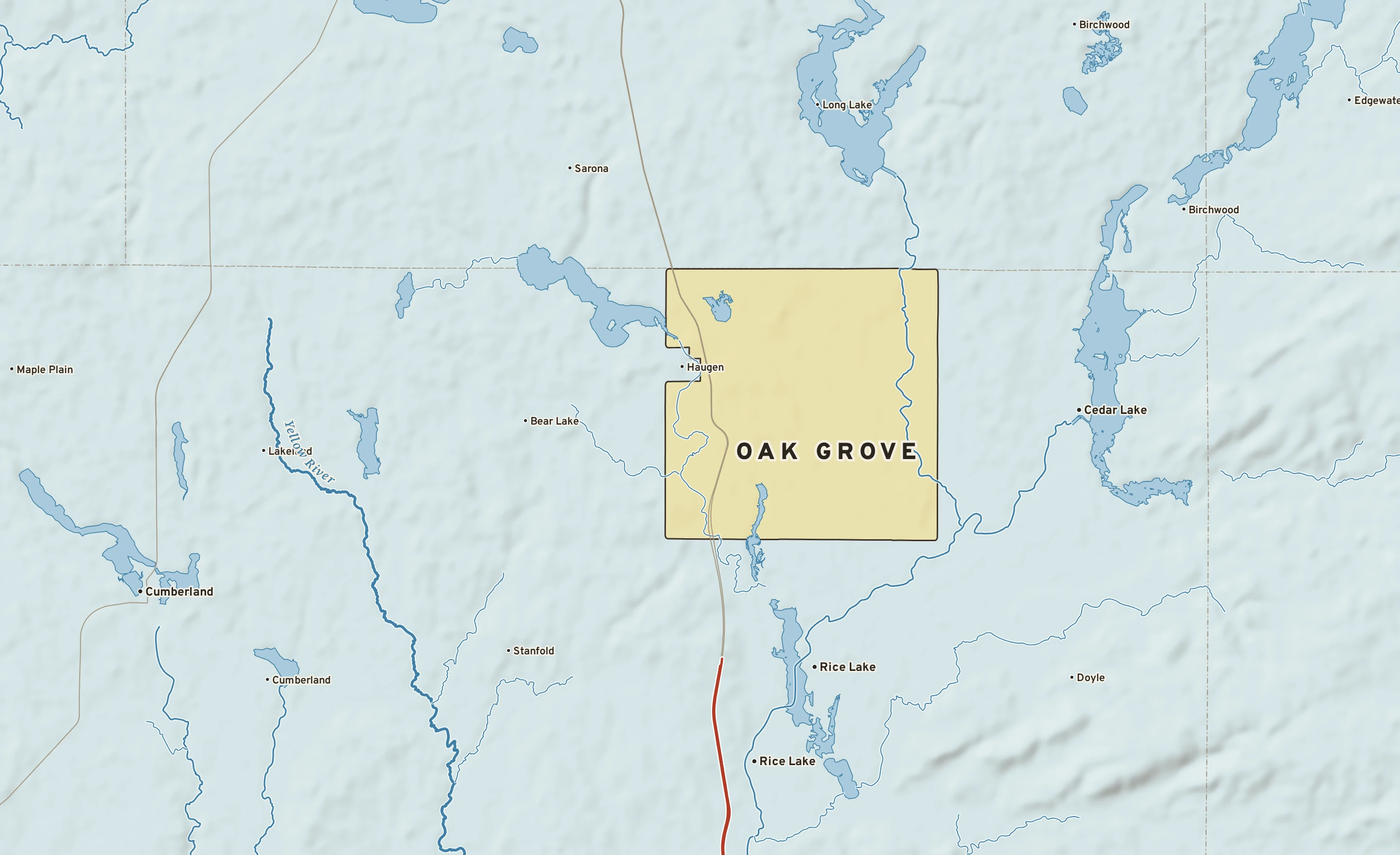 Shaded-relief atlas plate of Oak Grove, Wisconsin: rivers, roads, the city limits and where the water drains.