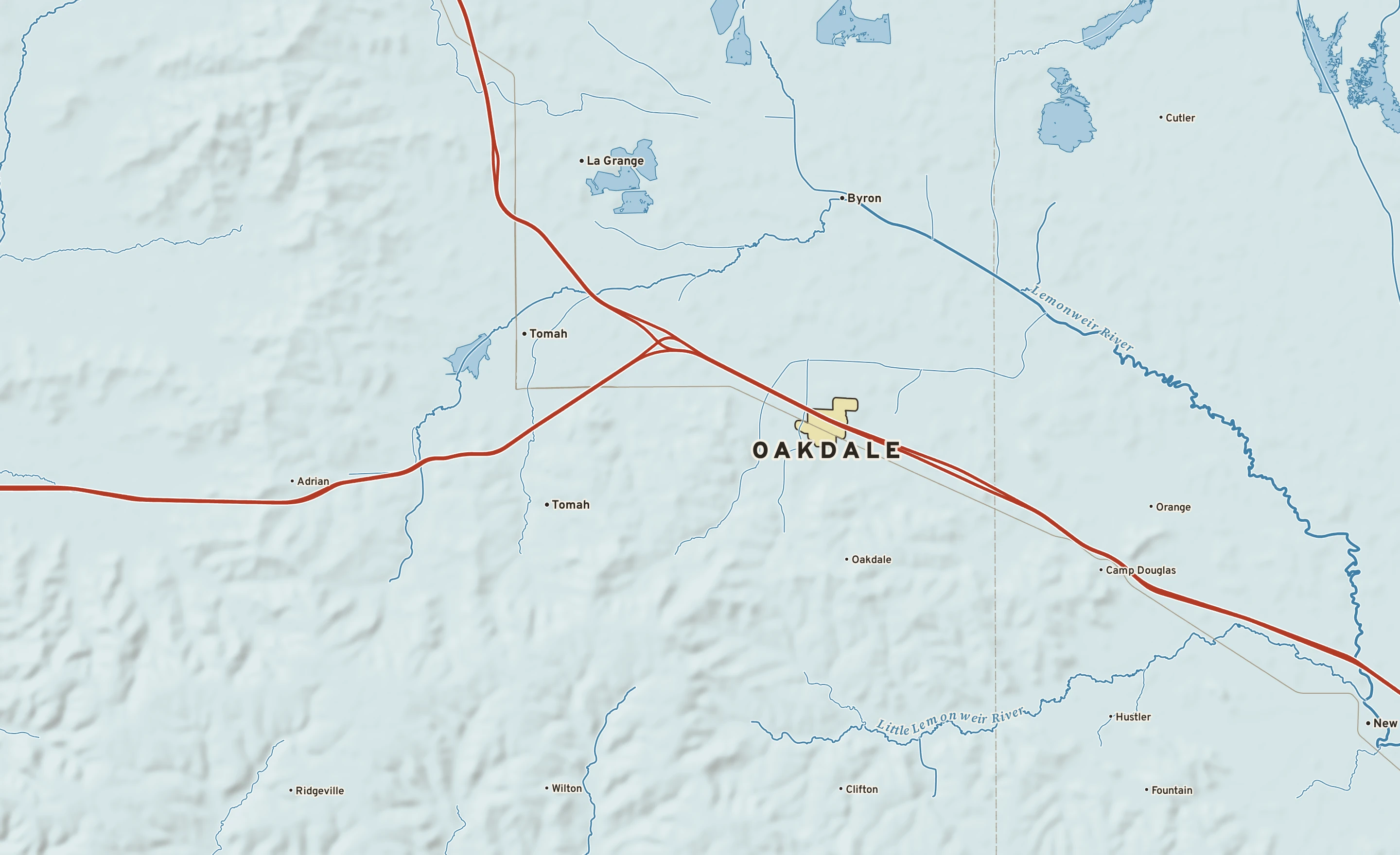 Shaded-relief atlas plate of Oakdale, Wisconsin: rivers, roads, the city limits and where the water drains.